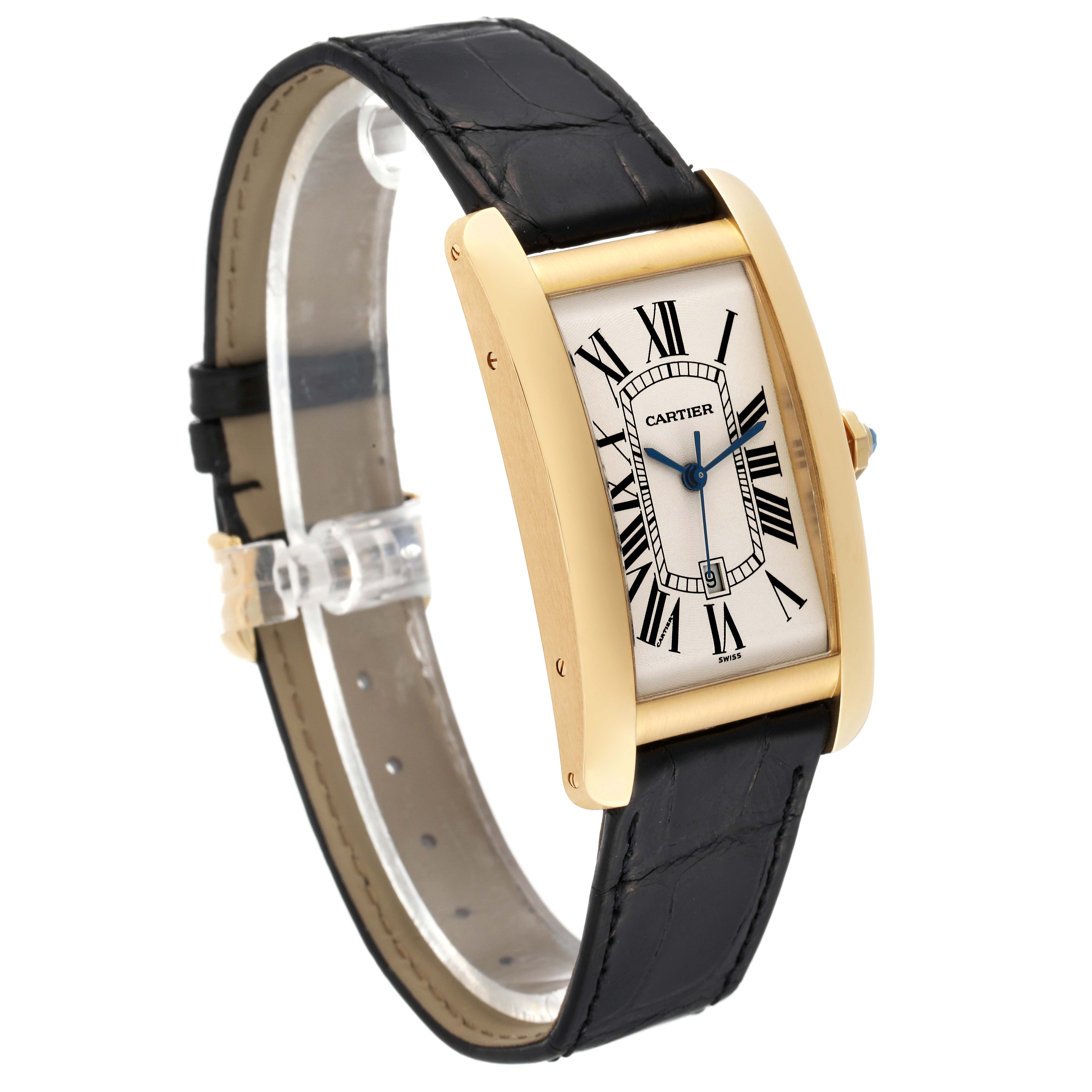 The image shows a side angle of the Cartier Tank Américaine watch, highlighting its rectangular face, Roman numerals, and leather strap.