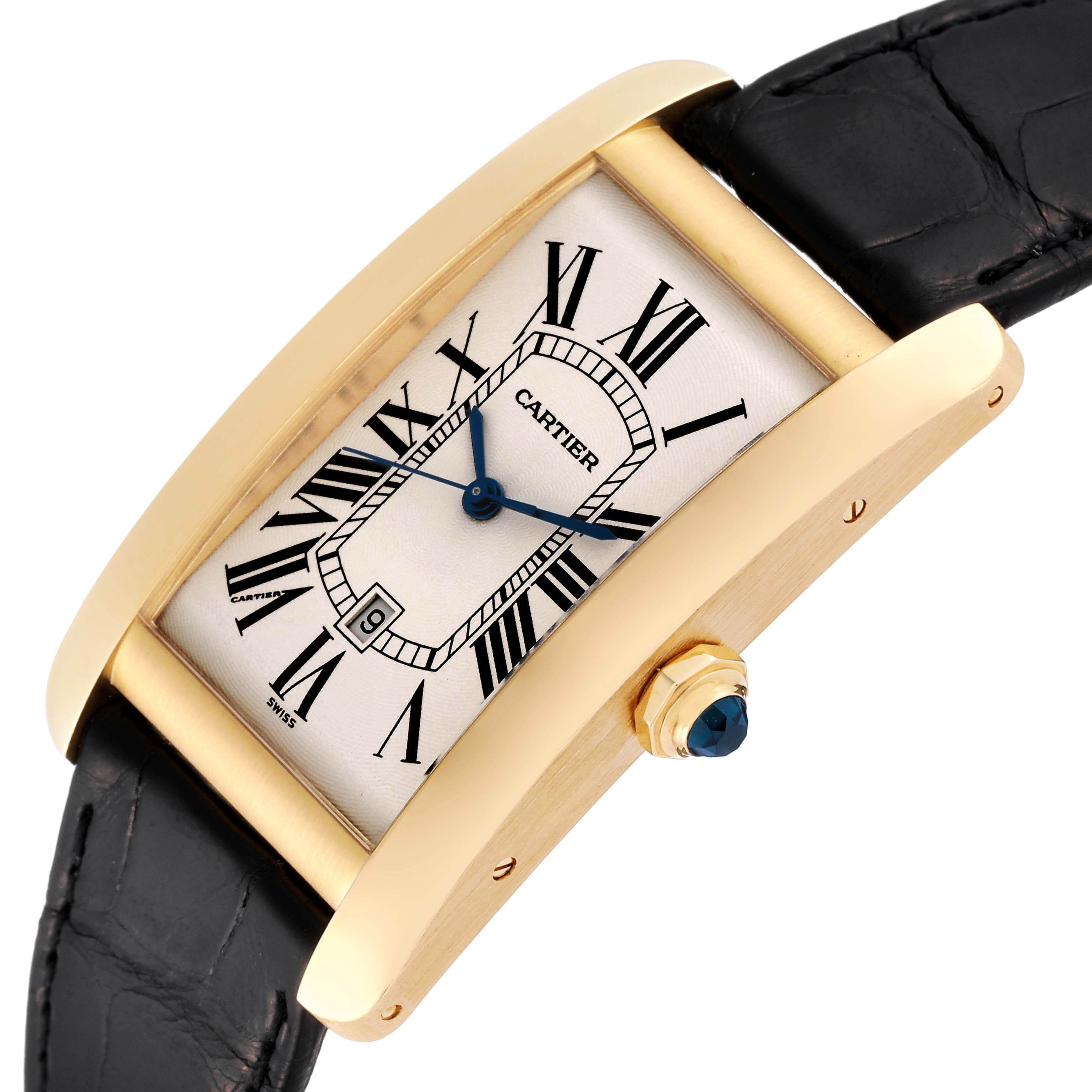This image shows a Cartier Tank Americaine W2603156 Men's Yellow Gold Silver Dial W2603156 Men's Yellow Gold Silver Dial watch at a 3/4 angle, highlighting the dial, Roman numerals, gold case, and black strap.