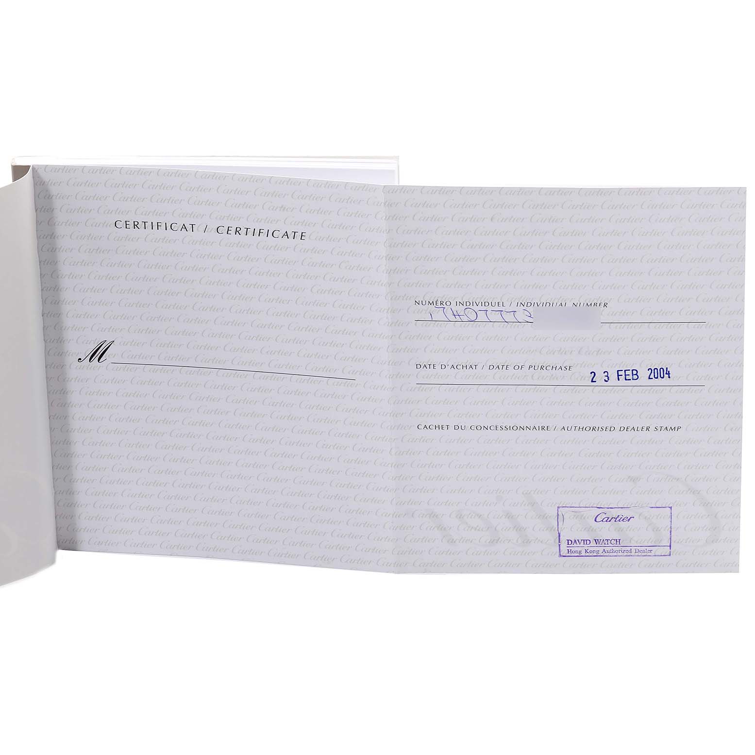 The image shows the certificate of authenticity for the Cartier Tank Americaine W2603156 Men's Yellow Gold Silver Dial W2603156 Men's Yellow Gold Silver Dial model, indicating the date of purchase.