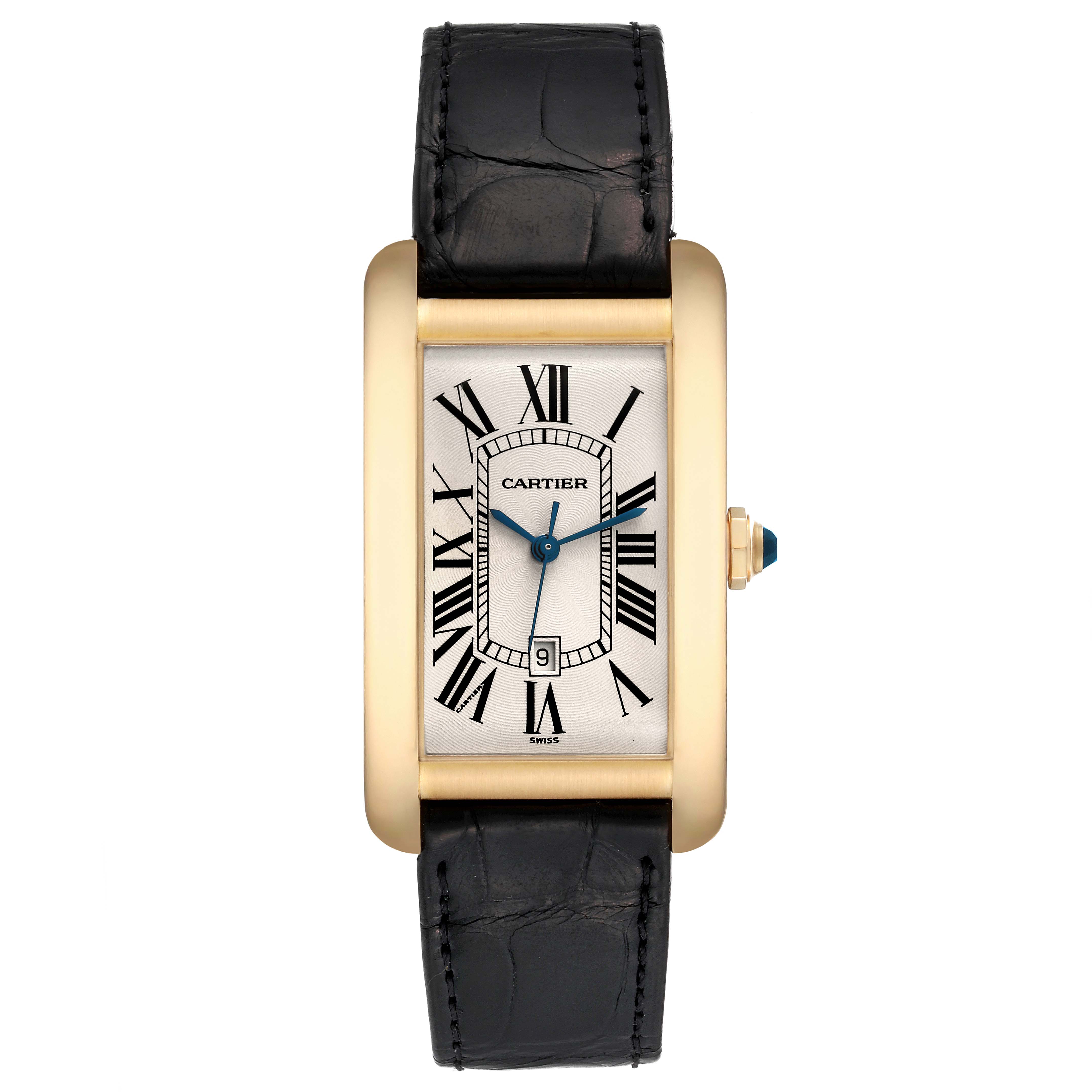 This image shows a frontal view of the Cartier Tank Américaine watch, displaying its face, hands, case, and strap.