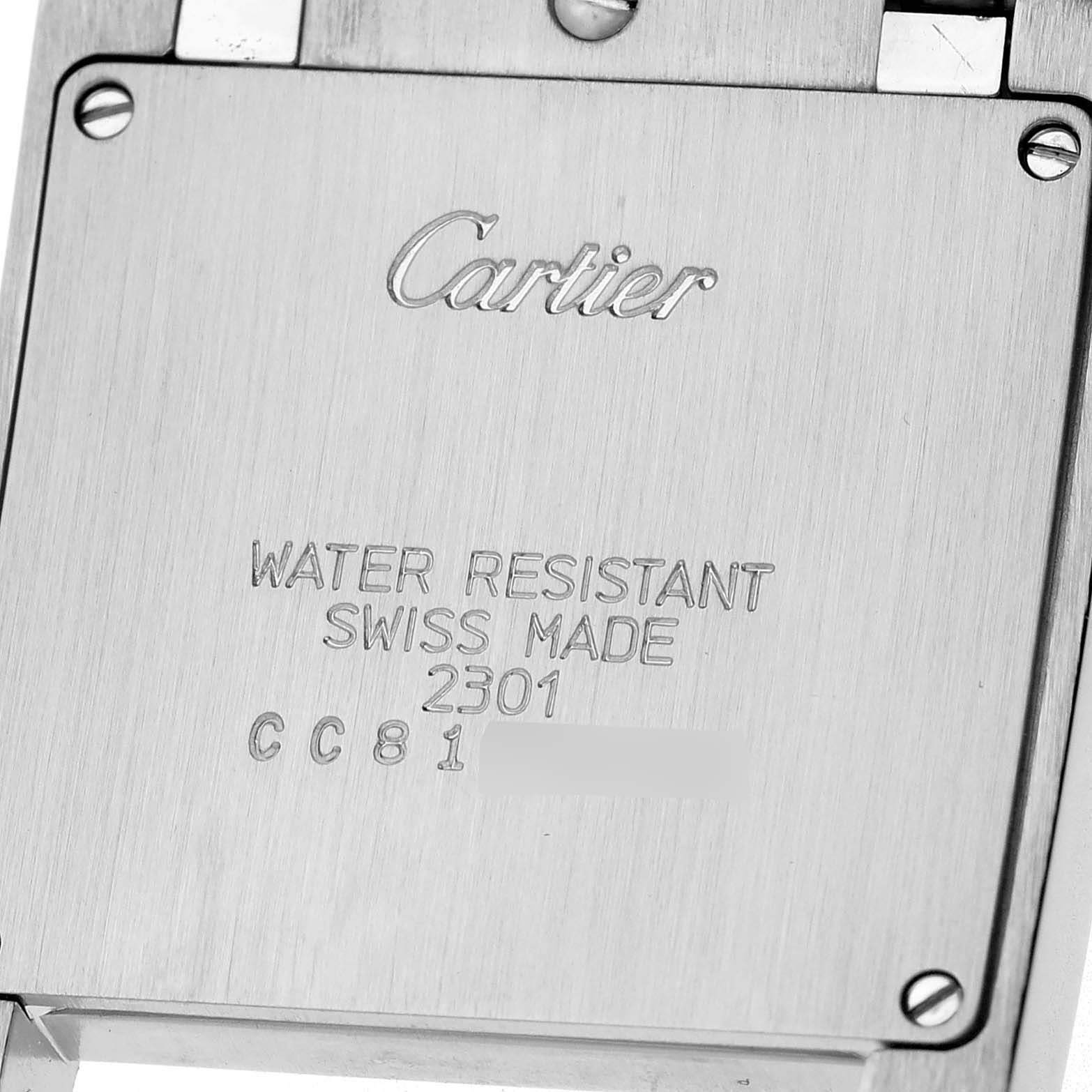 The image shows the back case of a Cartier Tank Francaise W51003Q3 Women's Stainless Steel Silver Dial W51003Q3 Women's Stainless Steel Silver Dial watch with inscriptions detailing water resistance and Swiss origin.