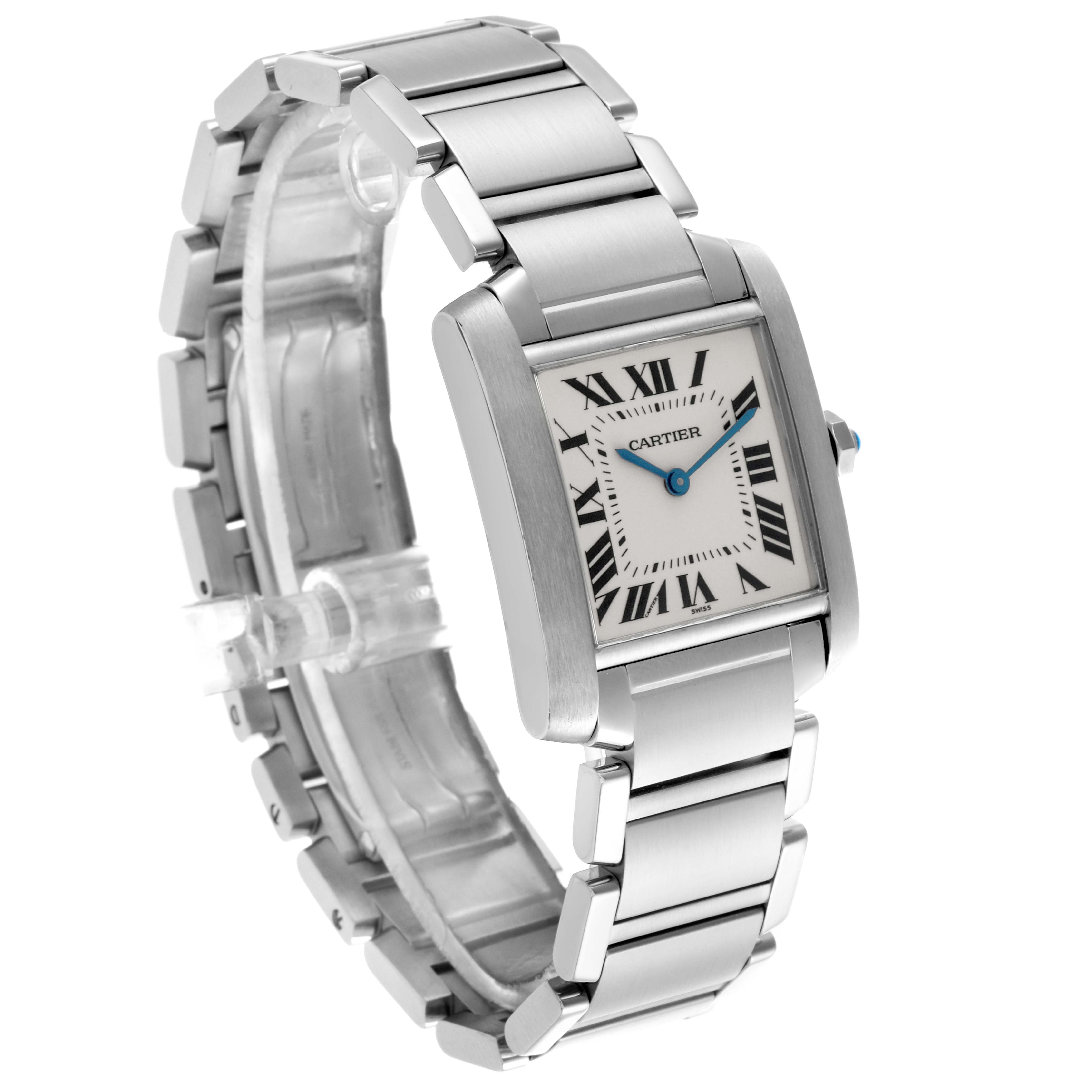 The Cartier Tank Française watch is shown at an angle highlighting its face, Roman numeral dial, and stainless steel bracelet.