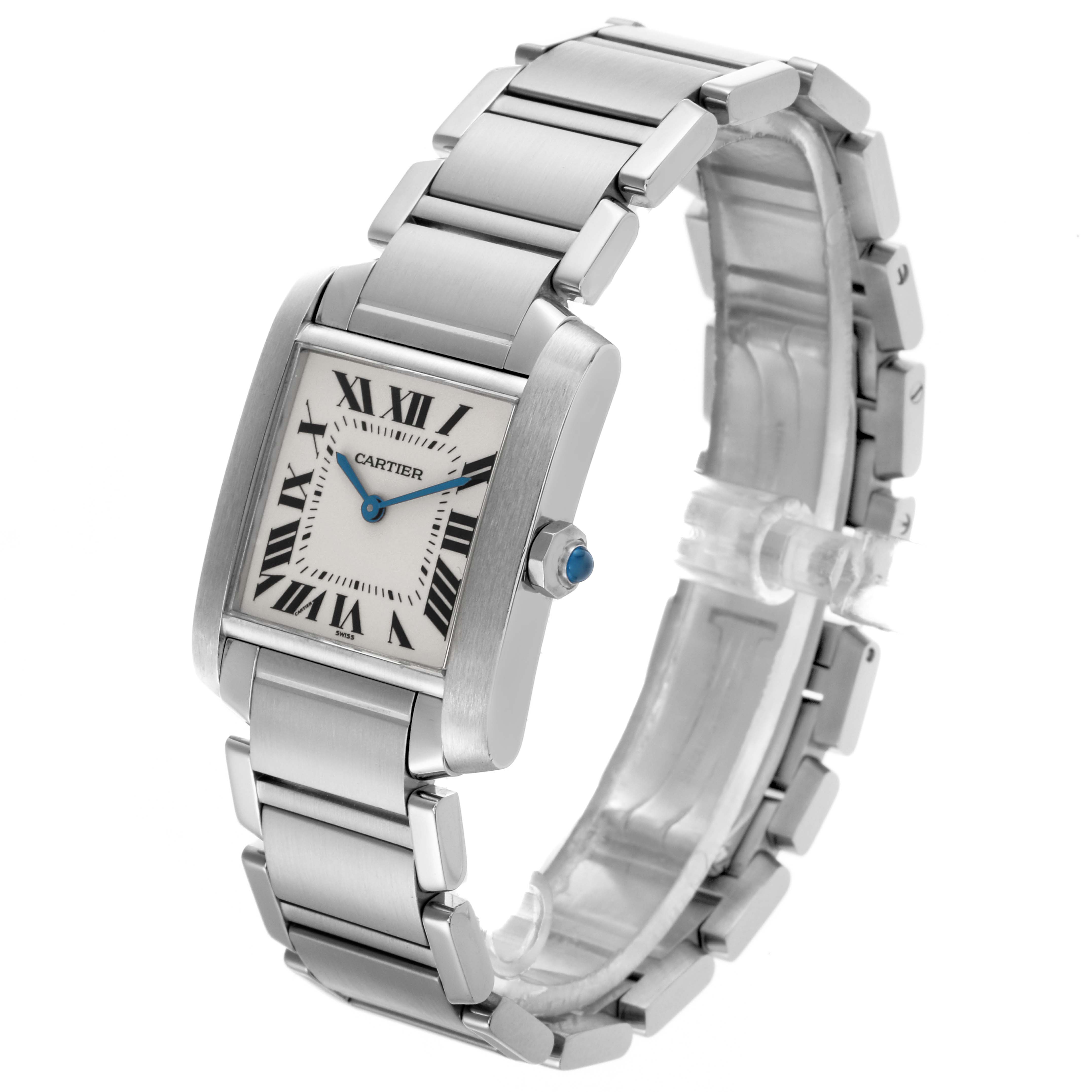 The Cartier Tank Française watch is shown at a three-quarter angle, highlighting the square face, Roman numerals, and metal bracelet.