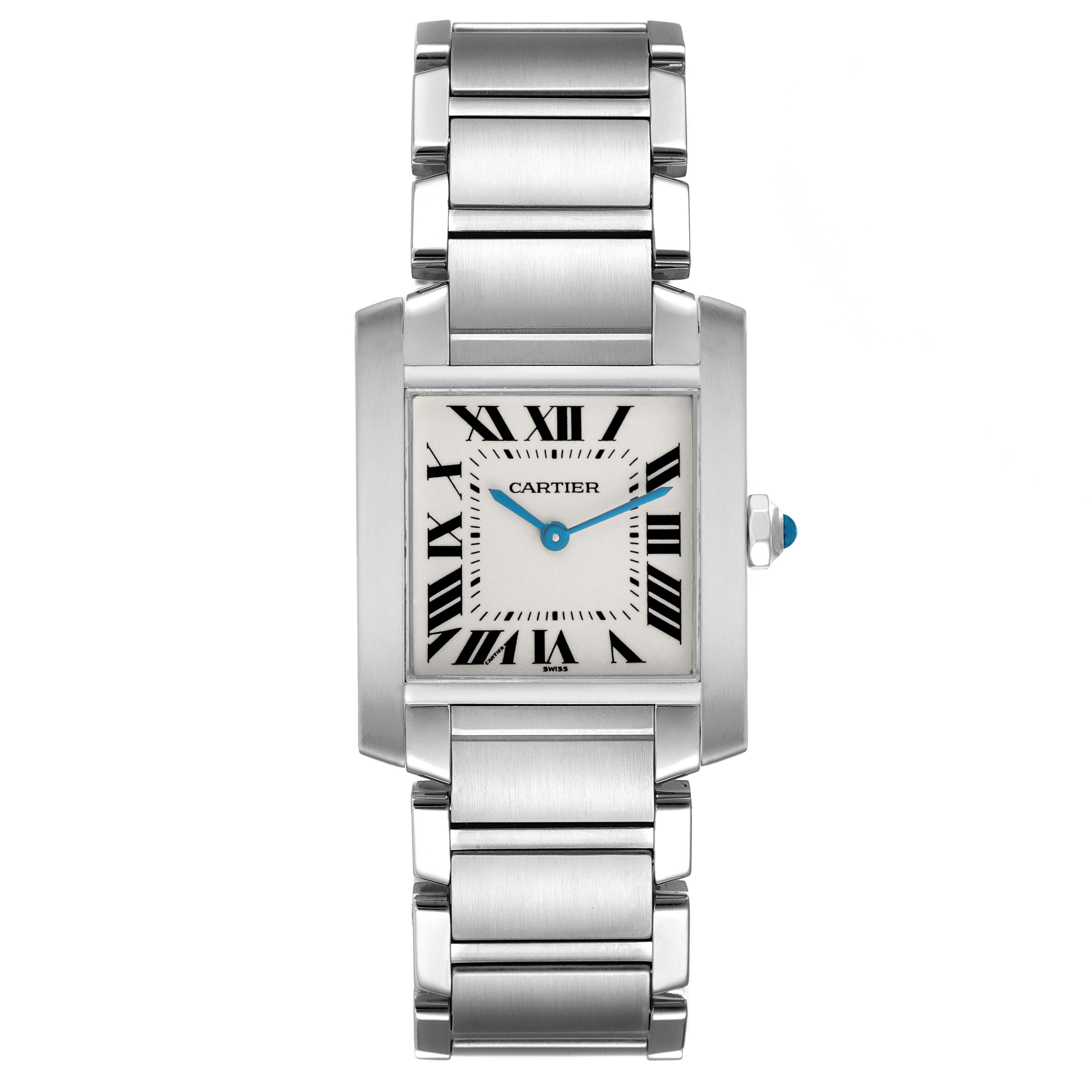 The Cartier Tank Francaise W51003Q3 Women's Stainless Steel Silver Dial W51003Q3 Women's Stainless Steel Silver Dial watch is shown from a top-down angle, highlighting its rectangular face and stainless steel bracelet.