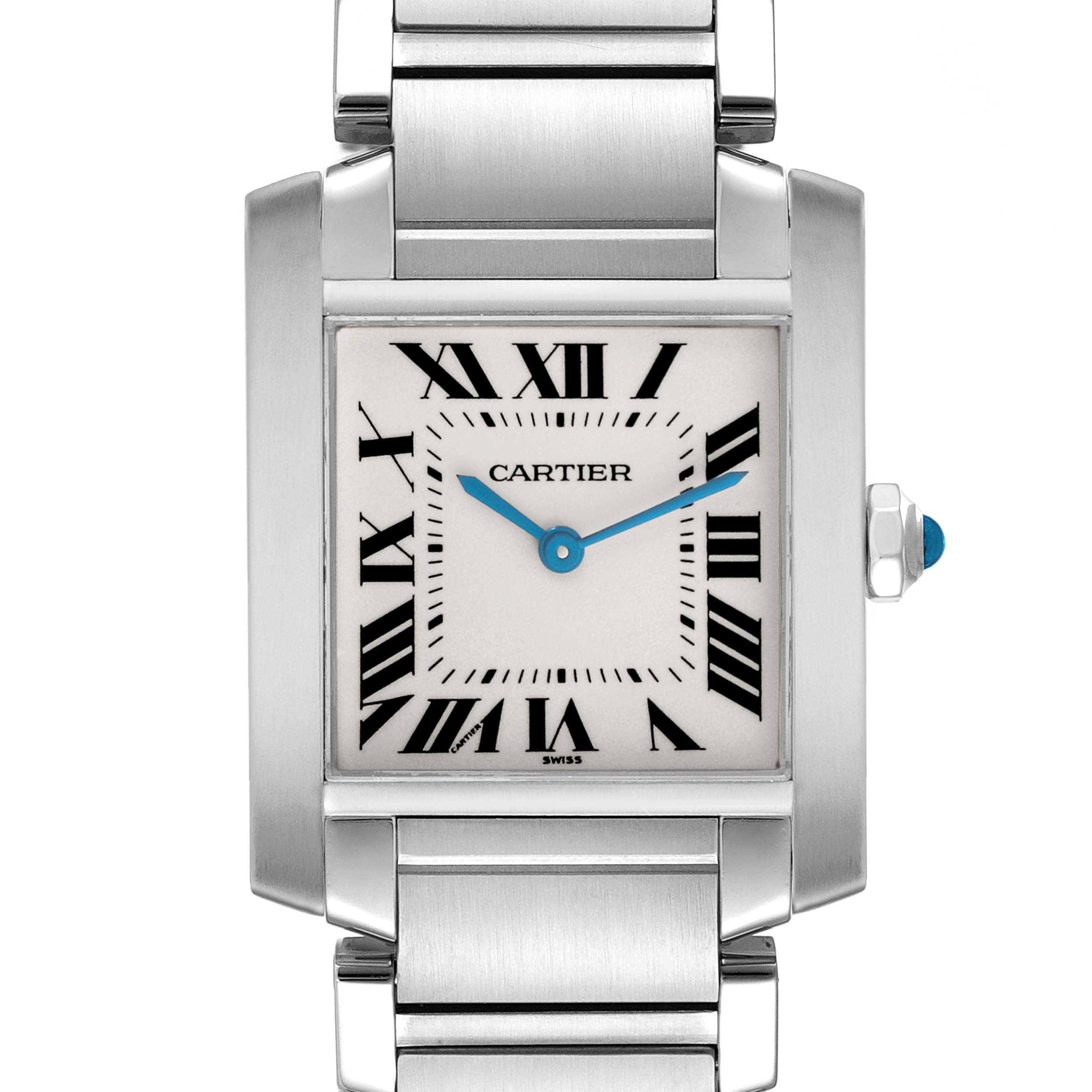 The Cartier Tank Francaise W51003Q3 Women's Stainless Steel Silver Dial W51003Q3 Women's Stainless Steel Silver Dial watch is shown from a front angle, highlighting its square face, Roman numerals, and bracelet.