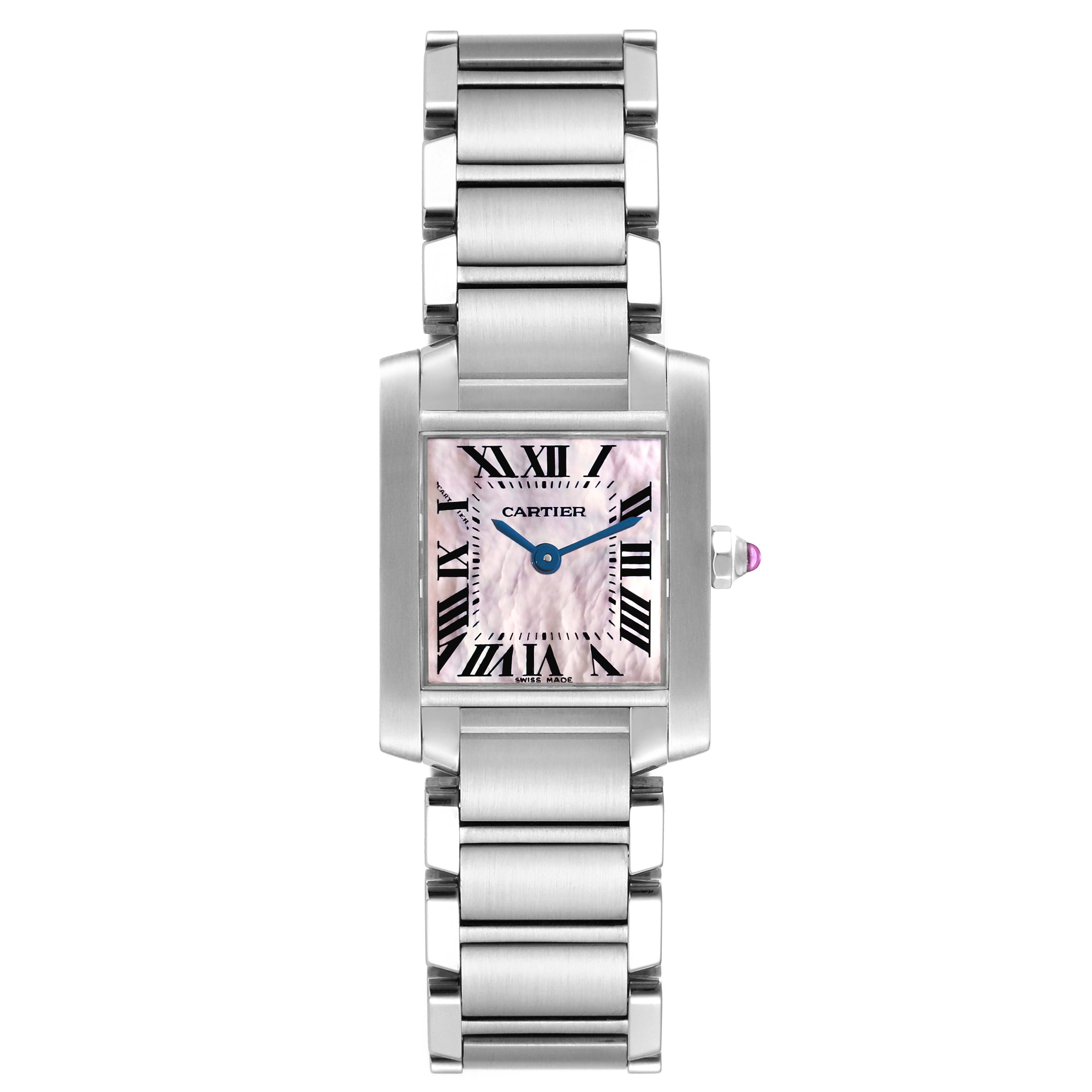 This image shows a Cartier Tank Francaise W51028Q3 Women's Stainless Steel Mother of Pearl Dial W51028Q3 Women's Stainless Steel Mother of Pearl Dial watch from the front, displaying the dial, crown, and bracelet.