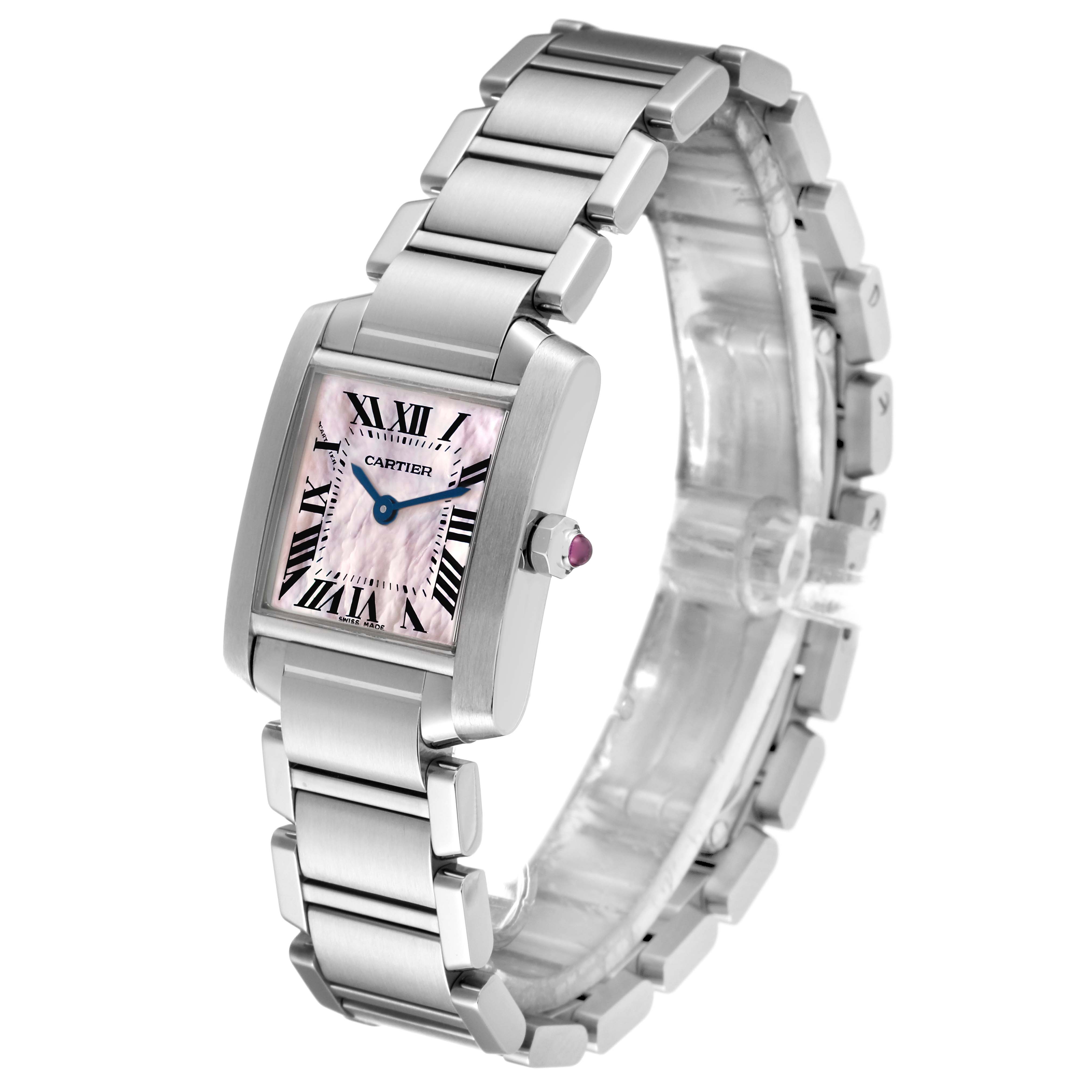 This image shows a Cartier Tank Francaise W51028Q3 Women's Stainless Steel Mother of Pearl Dial W51028Q3 Women's Stainless Steel Mother of Pearl Dial watch at a three-quarter angle, displaying its face, bracelet, and crown.