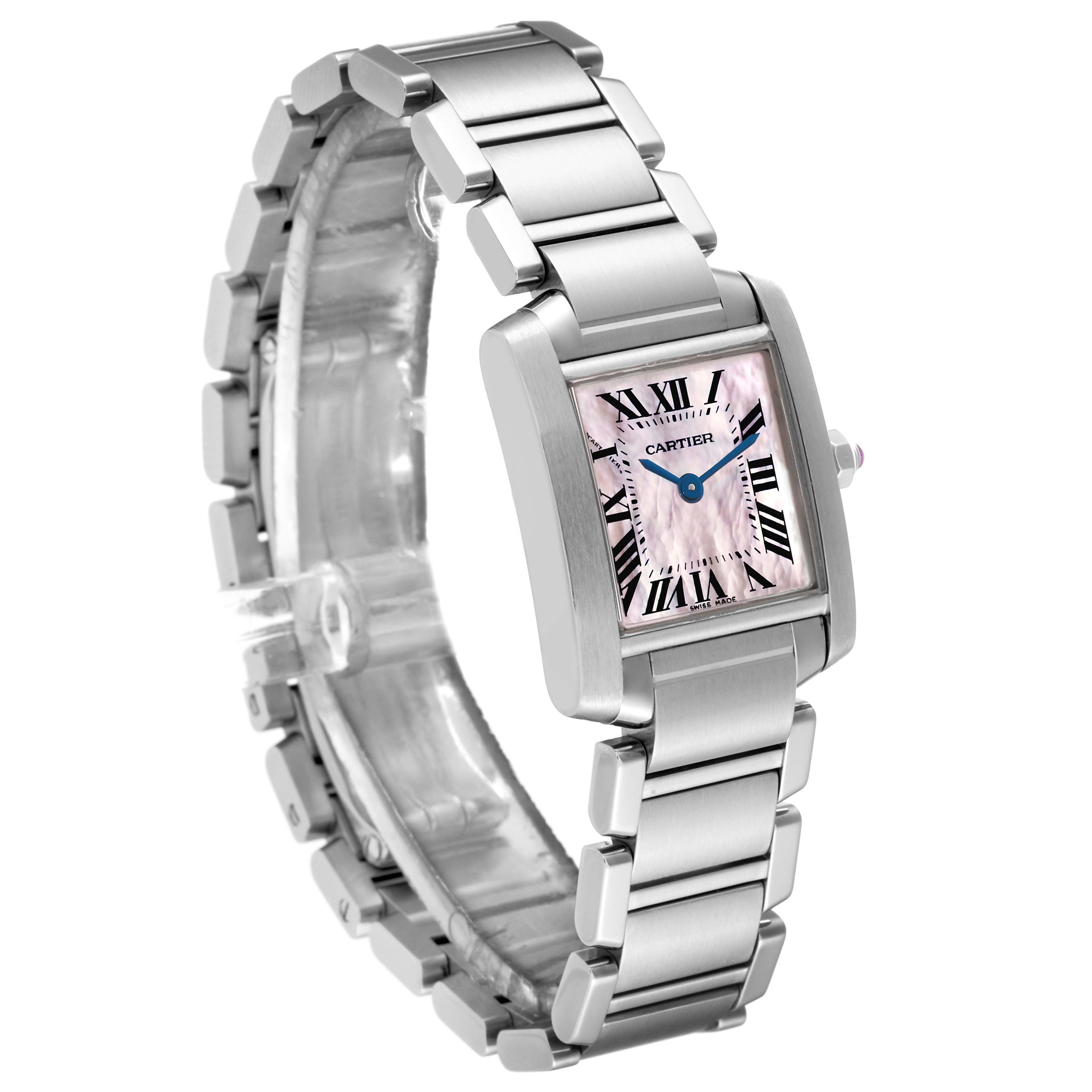 The Cartier Tank Francaise W51028Q3 Women's Stainless Steel Mother of Pearl Dial W51028Q3 Women's Stainless Steel Mother of Pearl Dial watch is shown at a three-quarter angle, displaying its bracelet, dial, and case.