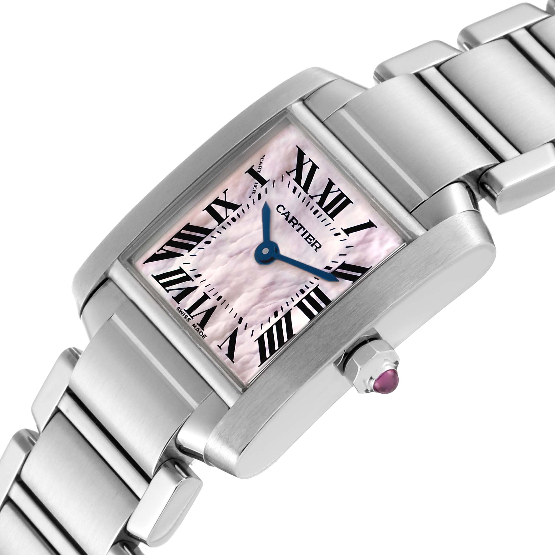 This image shows a close-up angle of the Cartier Tank Francaise W51028Q3 Women's Stainless Steel Mother of Pearl Dial W51028Q3 Women's Stainless Steel Mother of Pearl Dial watch, highlighting the face, bracelet, and crown.