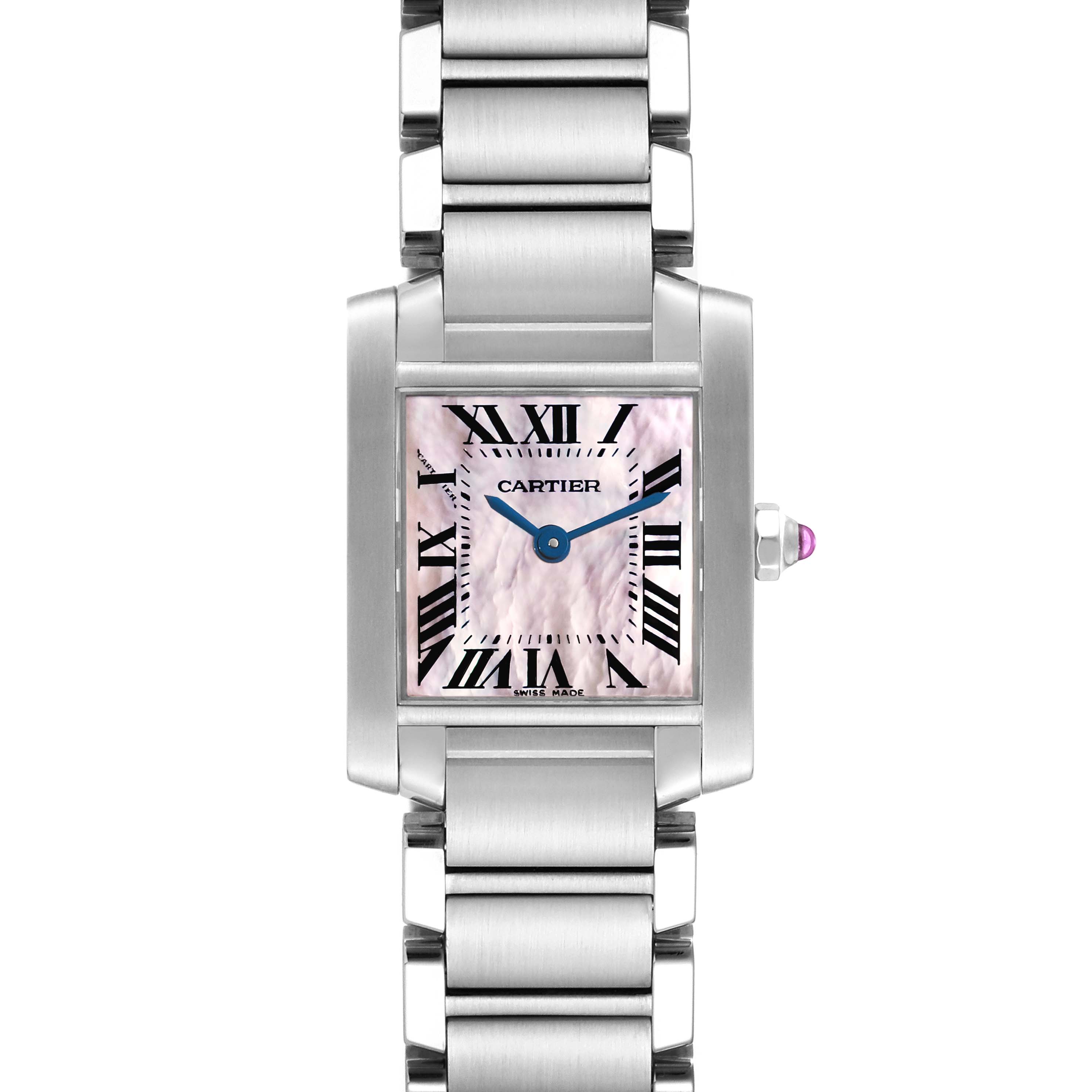 The image shows a close-up frontal view of the Cartier Tank Francaise W51028Q3 Women's Stainless Steel Mother of Pearl Dial W51028Q3 Women's Stainless Steel Mother of Pearl Dial watch, highlighting its face, bracelet, and crown.