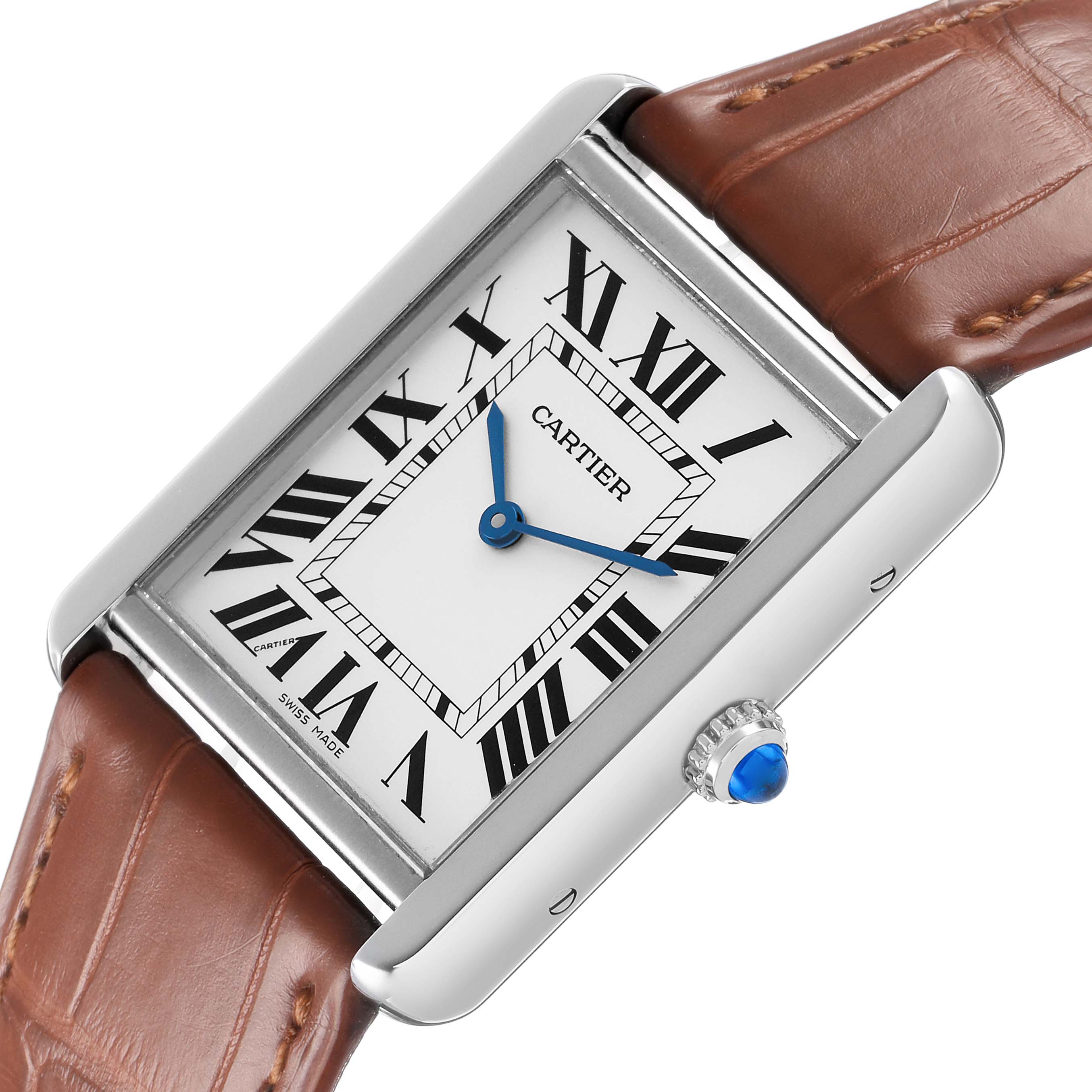 The Cartier Tank Solo WSTA0028 Women's Stainless Steel White Dial watch is shown from a front angle, highlighting its face, brown leather strap, and crown with a blue gemstone.