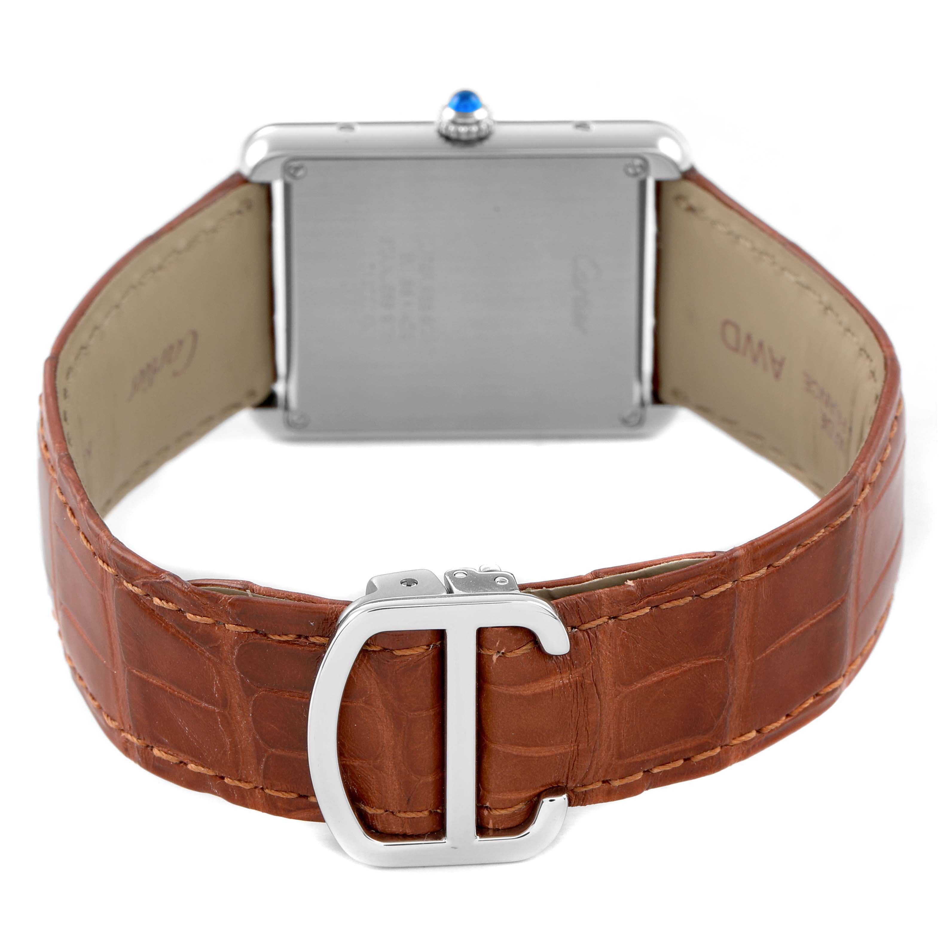 The image shows the back of a Cartier Tank Solo WSTA0028 Women's Stainless Steel White Dial watch, highlighting the clasp and leather strap.