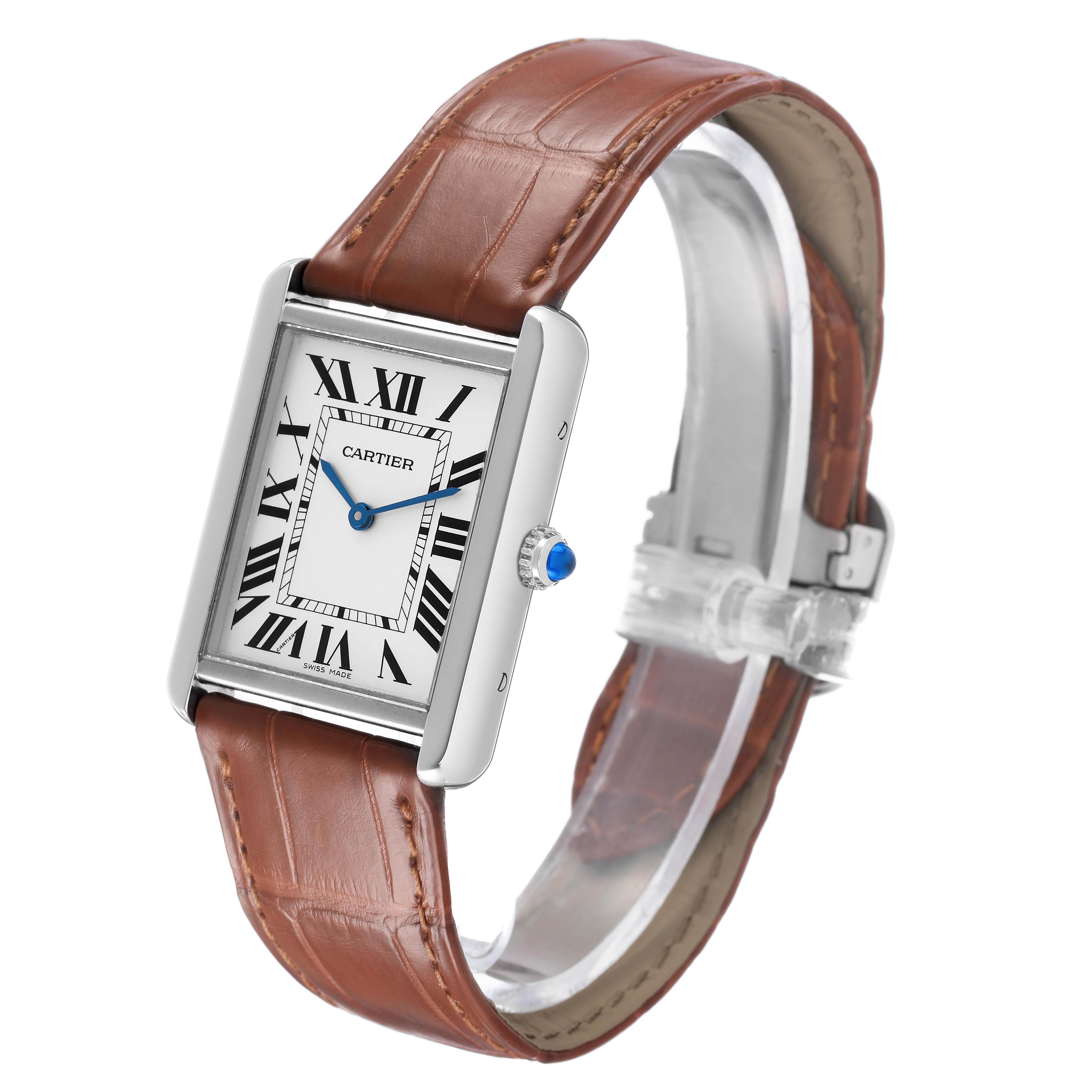 The Cartier Tank Solo WSTA0028 Women's Stainless Steel White Dial watch is shown at a slight angle, displaying its rectangular face, Roman numerals, and brown leather strap.