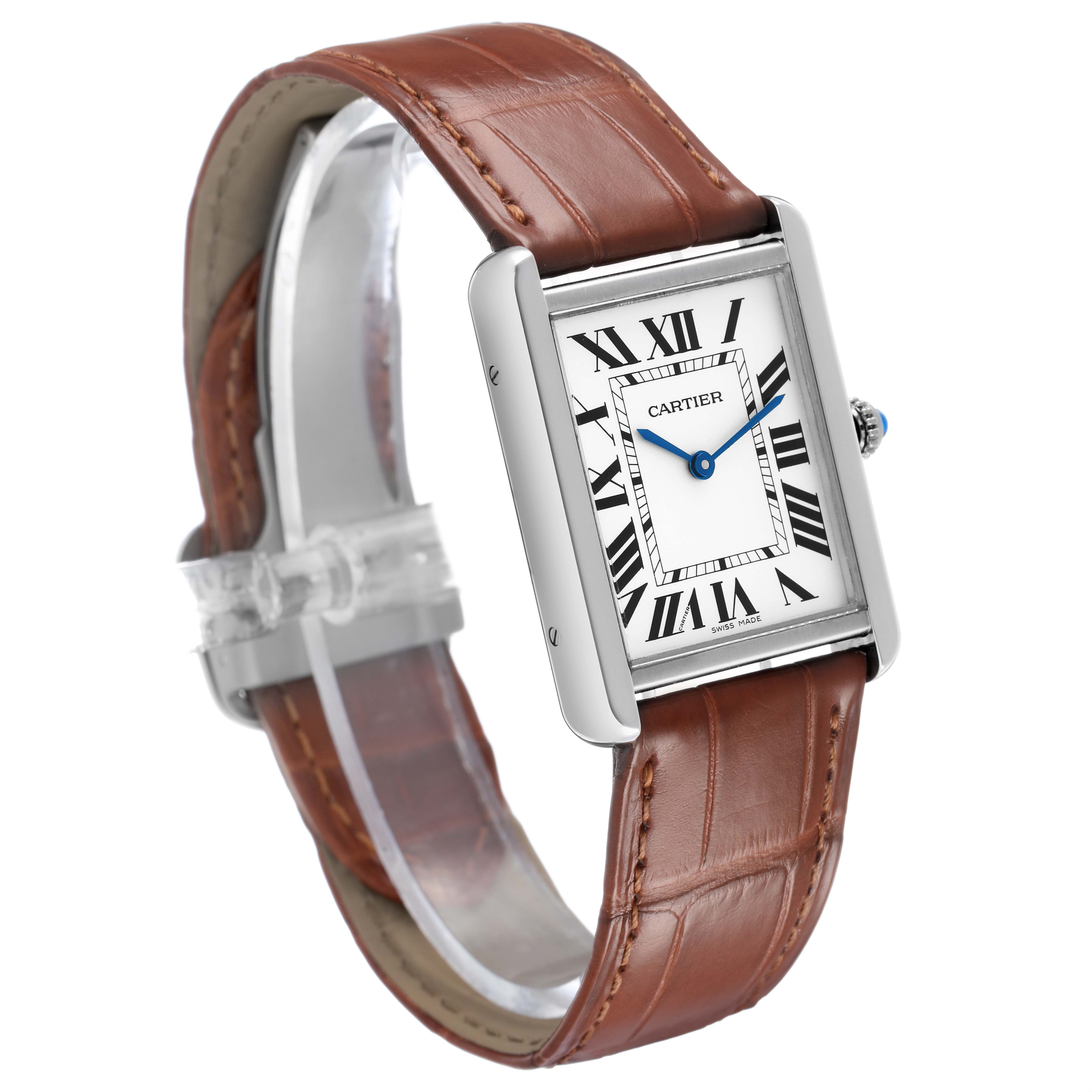 The Cartier Tank Solo WSTA0028 Women's Stainless Steel White Dial watch is shown at a three-quarter angle, highlighting its dial, leather strap, and side profile.
