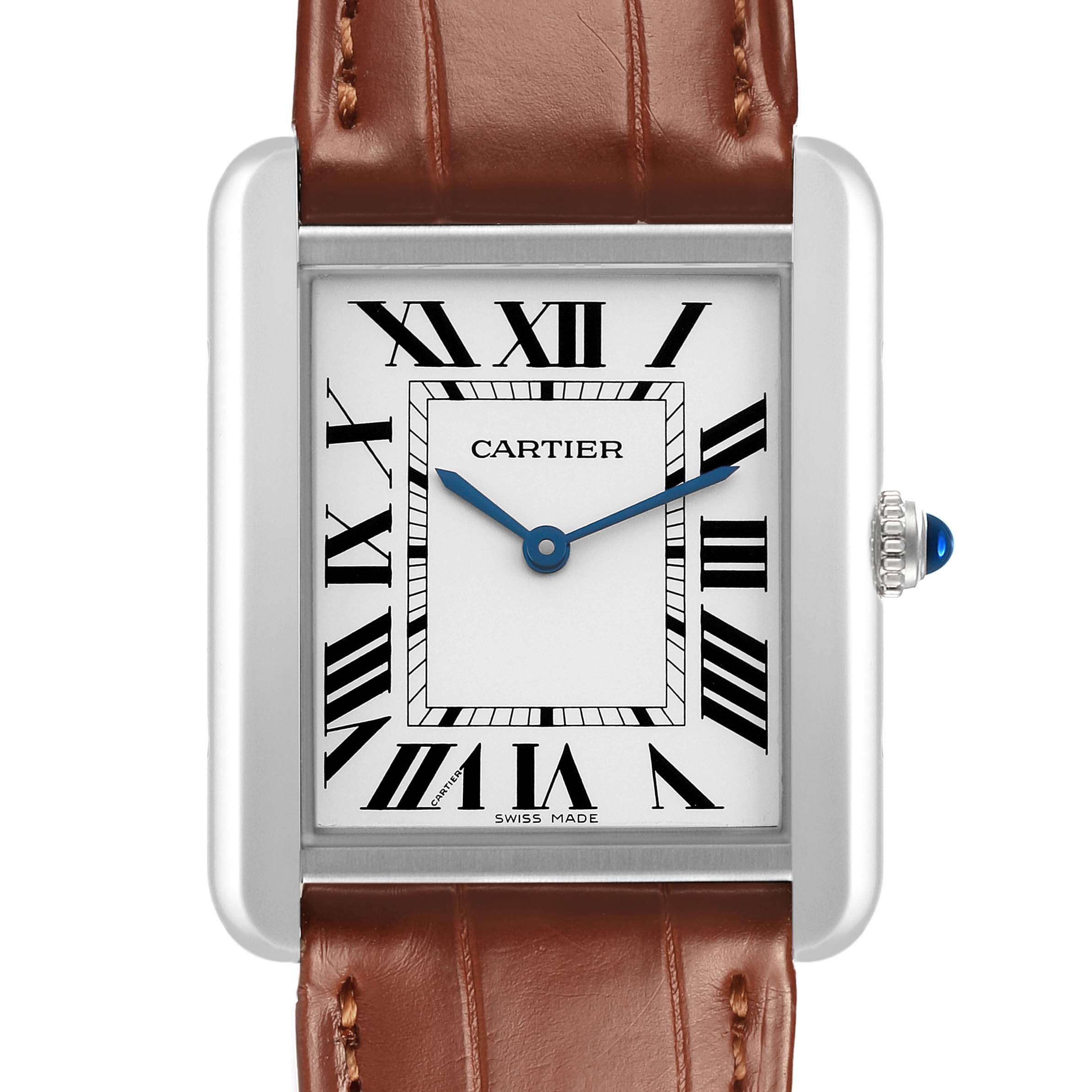 The Cartier Tank Solo WSTA0028 Women's Stainless Steel White Dial watch is shown from the front, highlighting its rectangular face, Roman numerals, and brown leather strap.