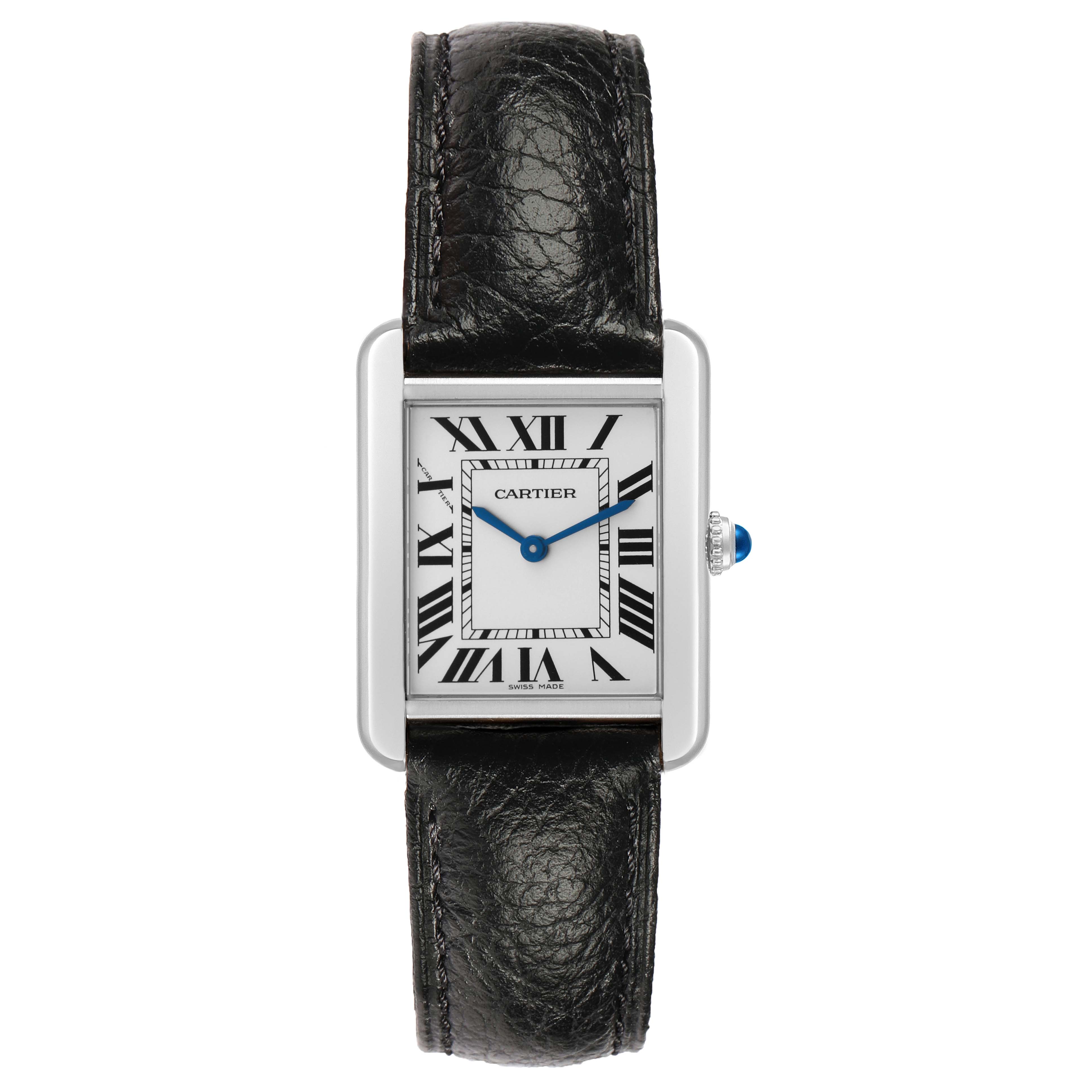 The Cartier Tank Solo WSTA0030 Women's Stainless Steel Silver Dial watch is shown from a front angle, displaying the dial, Roman numerals, hands, and leather strap.