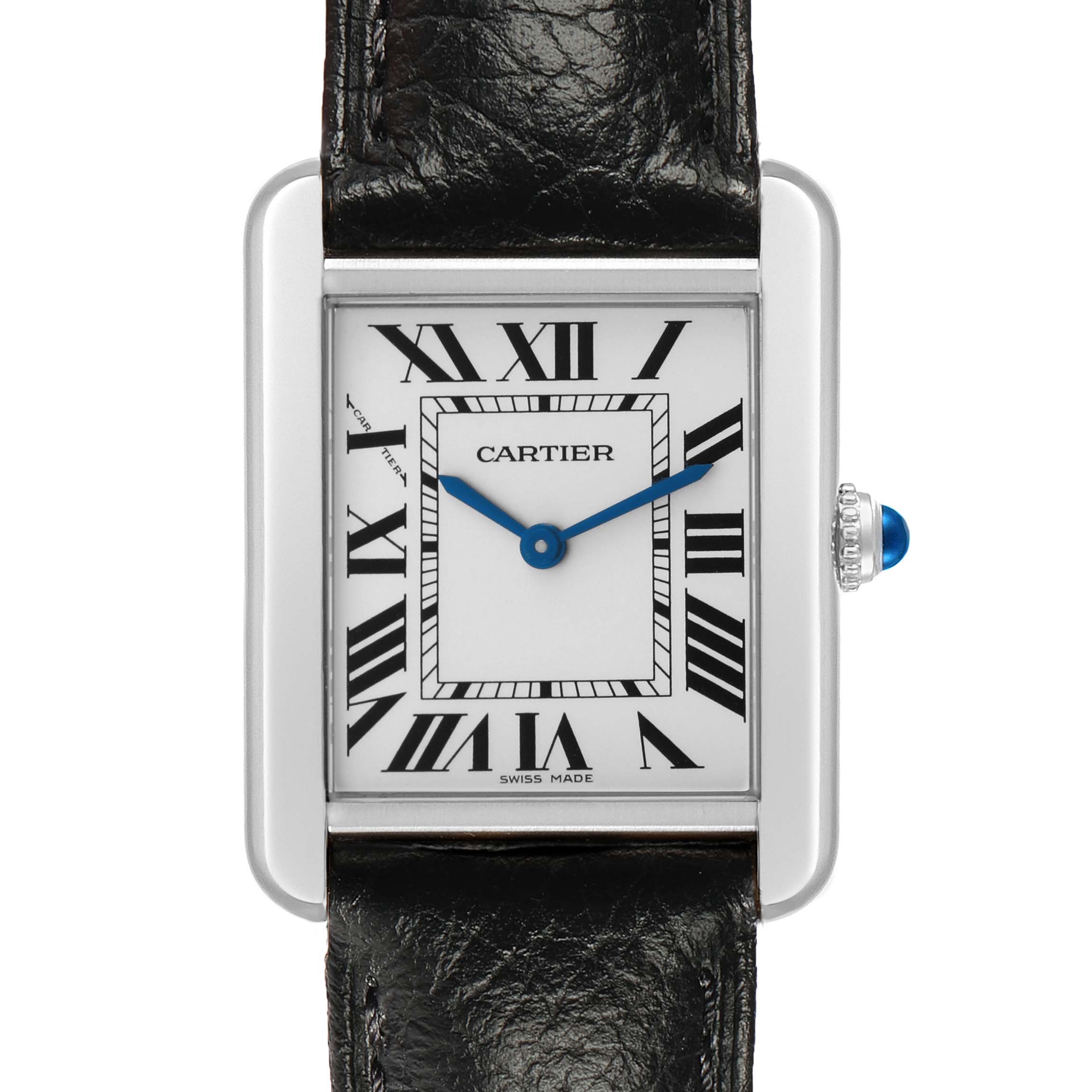 The Cartier Tank Solo WSTA0030 Women's Stainless Steel Silver Dial watch is shown from the front, displaying its face with Roman numerals and blue hands.
