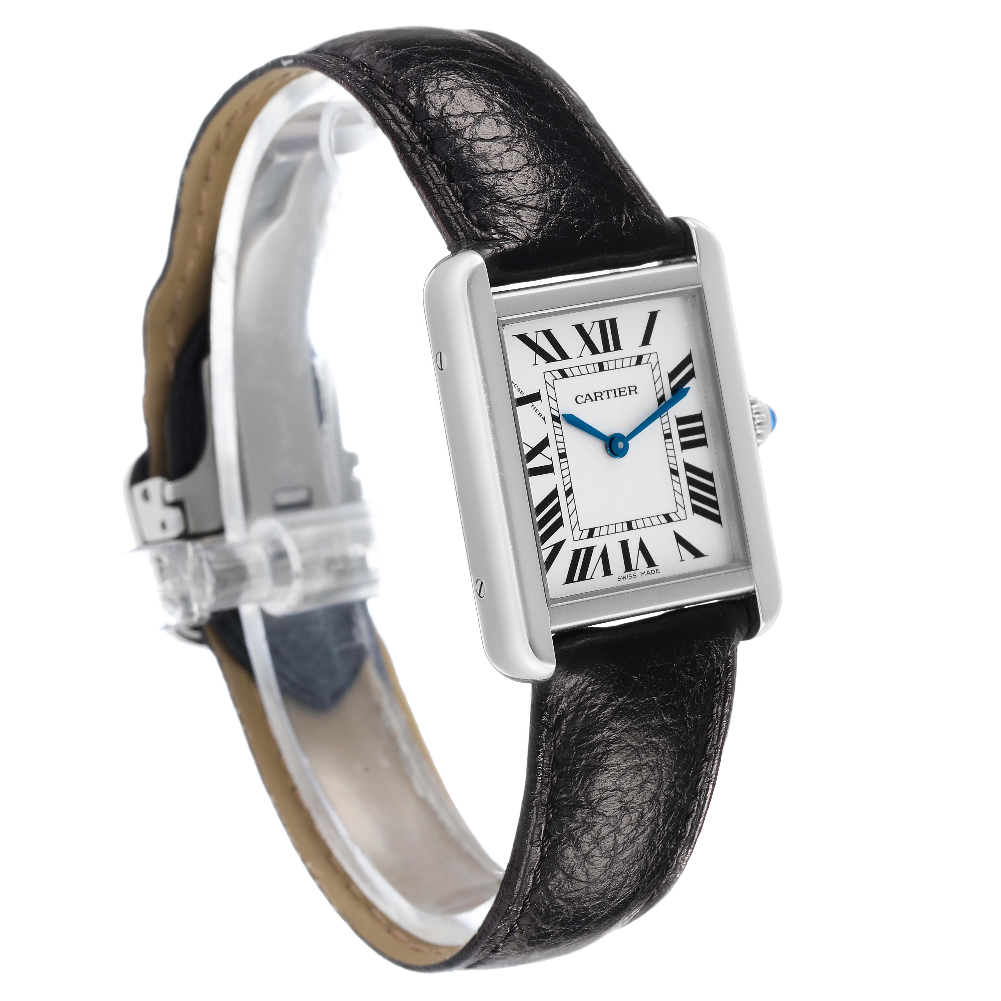 The image shows a Cartier Tank Solo WSTA0030 Women's Stainless Steel Silver Dial watch at a side angle, highlighting its case, dial, leather strap, and crown.