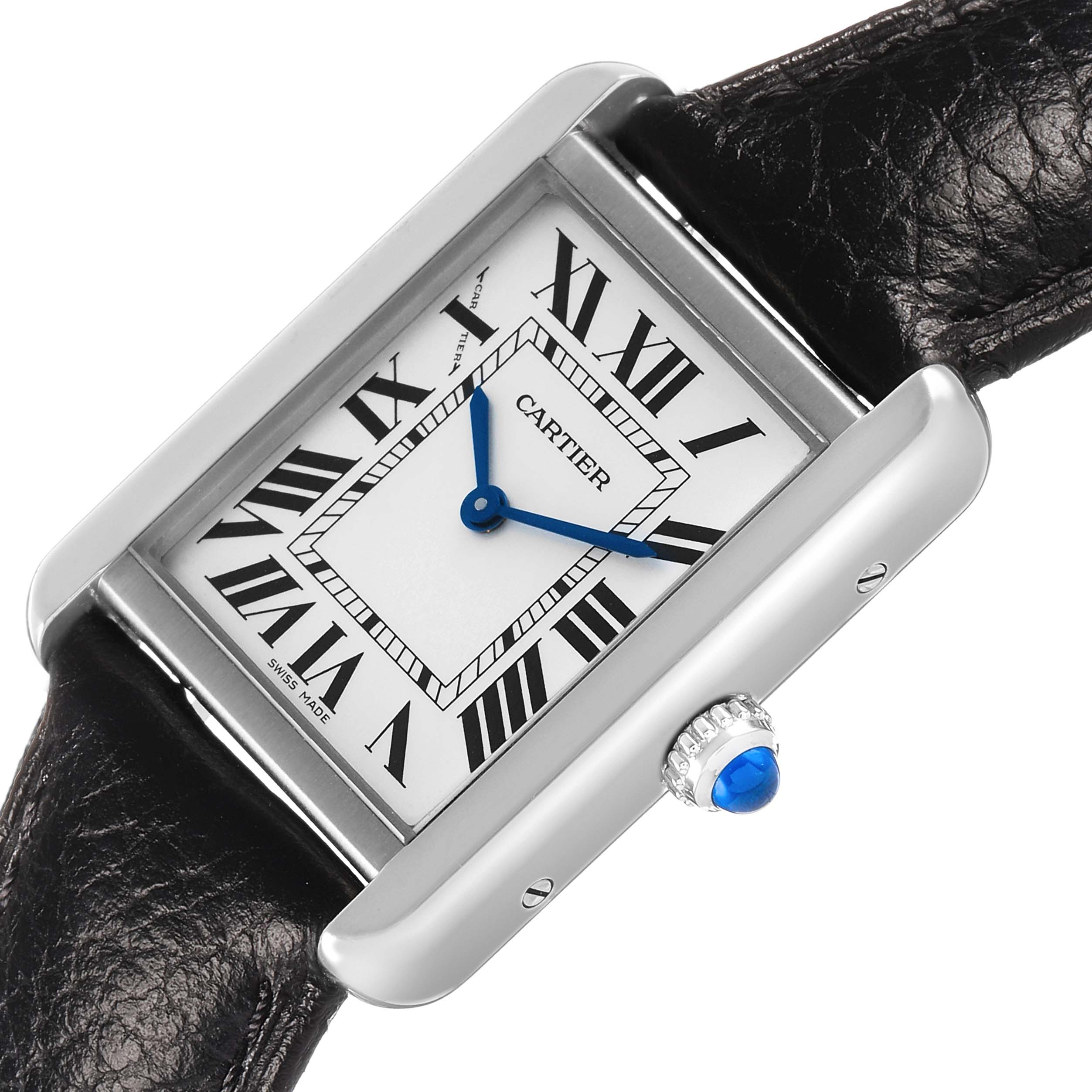 The Cartier Tank Solo WSTA0030 Women's Stainless Steel Silver Dial watch is shown at a slight angle highlighting the face with Roman numerals, blue hands, and the signature crown.