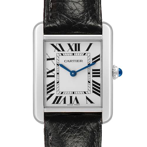 The Cartier Tank Solo WSTA0030 Women's Stainless Steel Silver Dial watch is shown in a front view, featuring its white dial, Roman numerals, blue hands, and black leather strap.