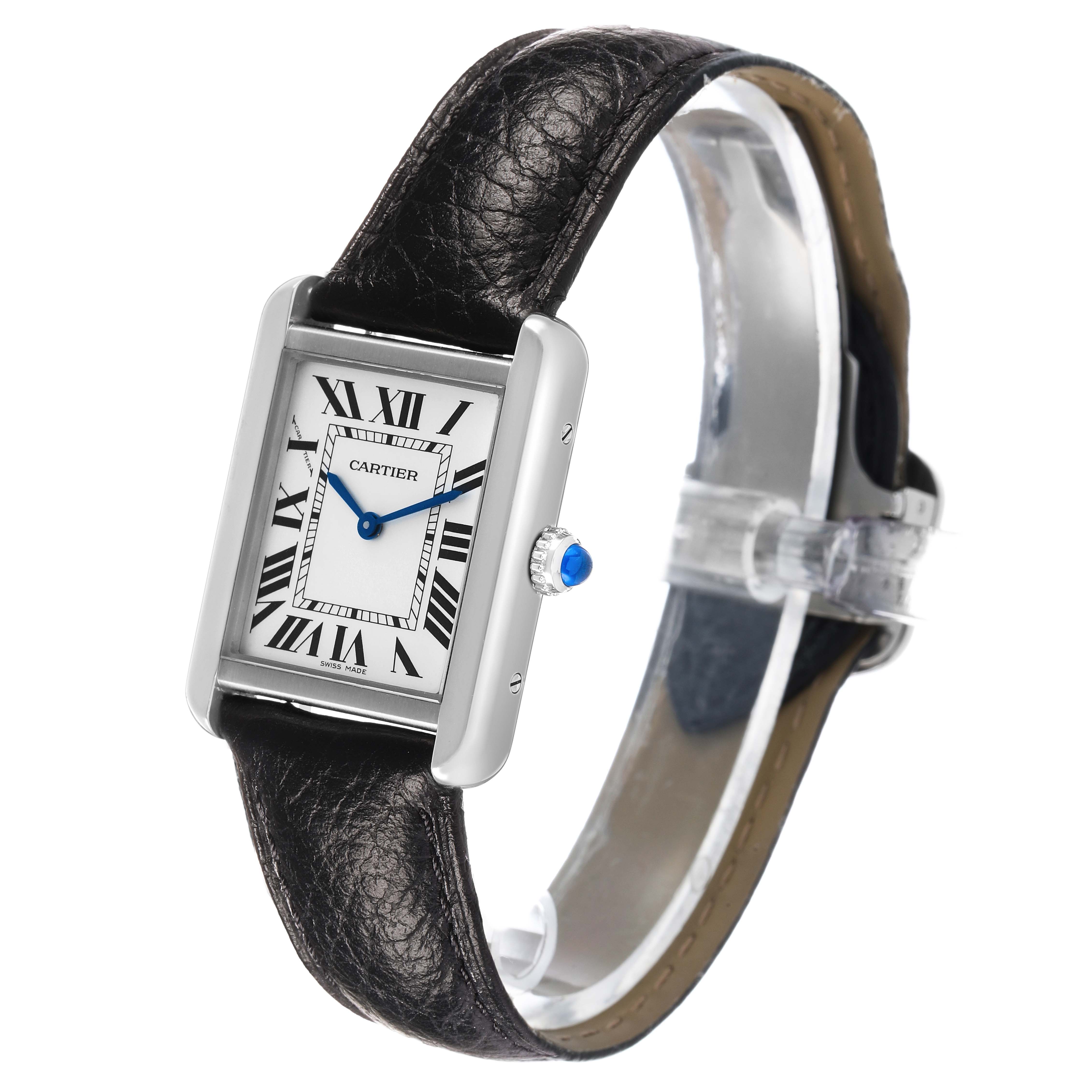 The Cartier Tank Solo WSTA0030 Women's Stainless Steel Silver Dial watch is shown at a three-quarter angle, displaying its face, crown, and leather strap.