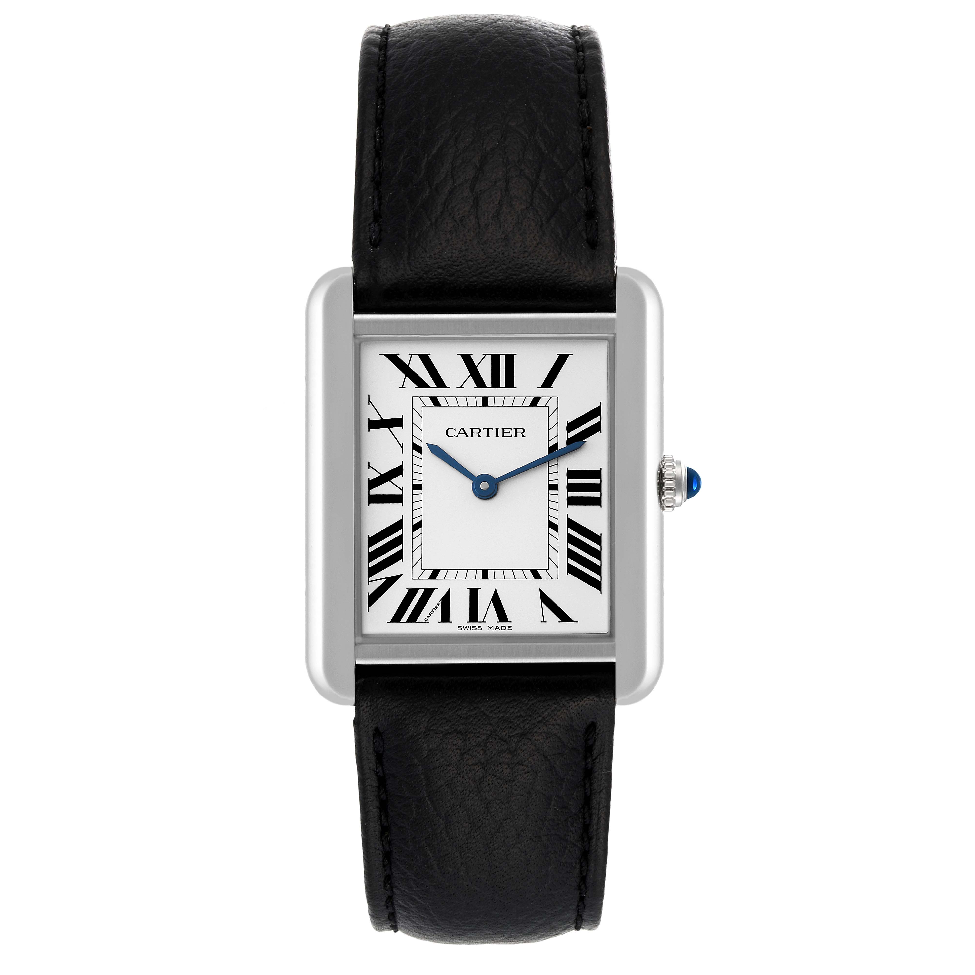 The image shows a front view of a Cartier Tank Solo WSTA0028 Men
s Stainless Steel Silver Dial WSTA0028 Men
s Stainless Steel Silver Dial watch, highlighting the dial, case, and leather strap.