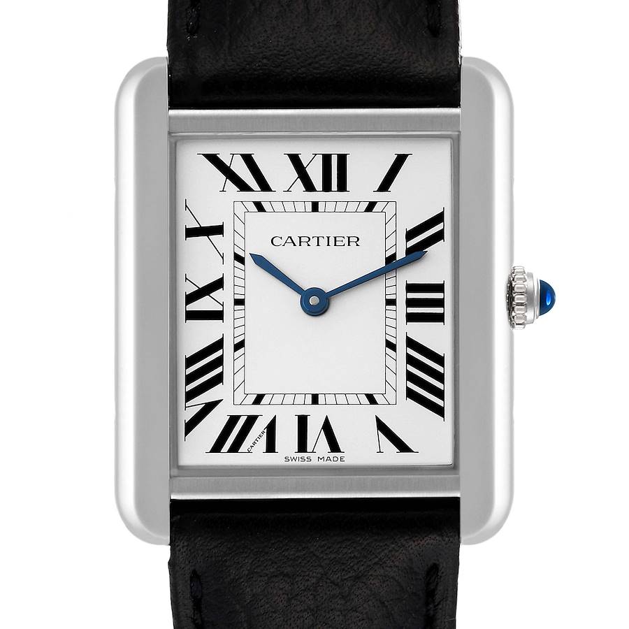 Cartier Tank Solo Steel Silver Dial Black Strap Mens Watch WSTA0028 Box Papers SwissWatchExpo