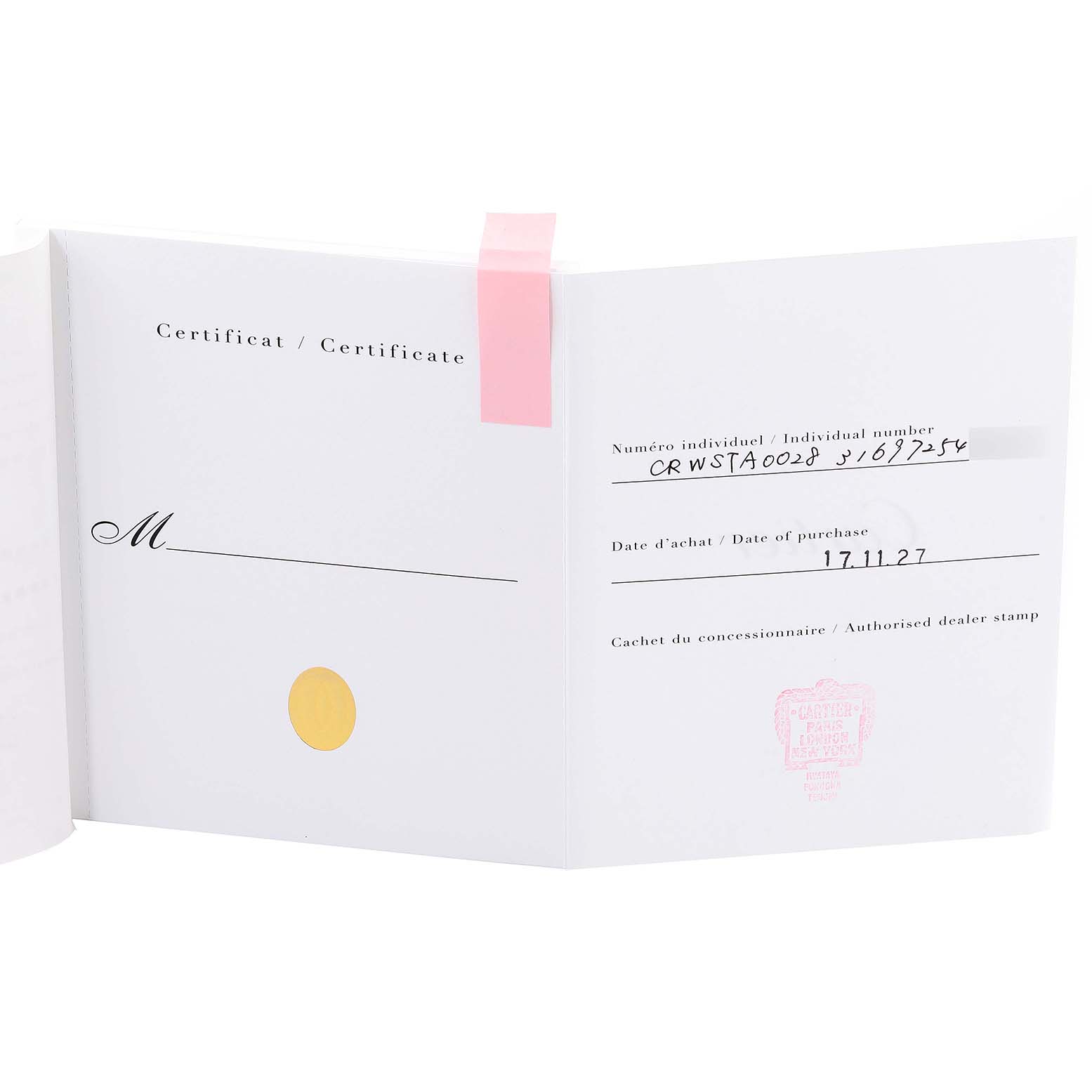 The image shows an open warranty or certificate booklet for the Cartier Tank Solo WSTA0028 Men
s Stainless Steel Silver Dial WSTA0028 Men
s Stainless Steel Silver Dial model watch.