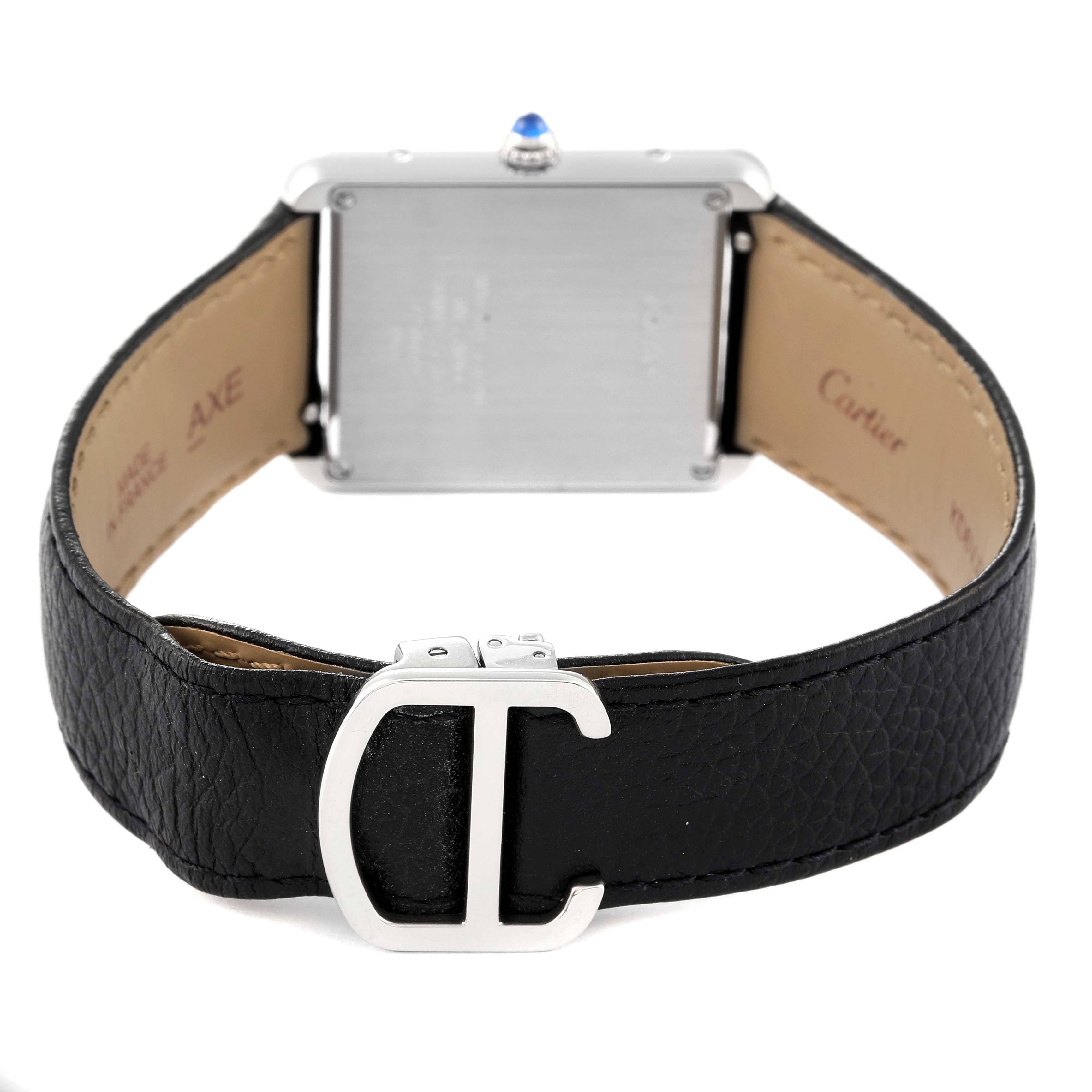 The image shows the back view of a Cartier Tank Solo WSTA0028 Men
s Stainless Steel Silver Dial WSTA0028 Men
s Stainless Steel Silver Dial watch, including the black leather strap and clasp.