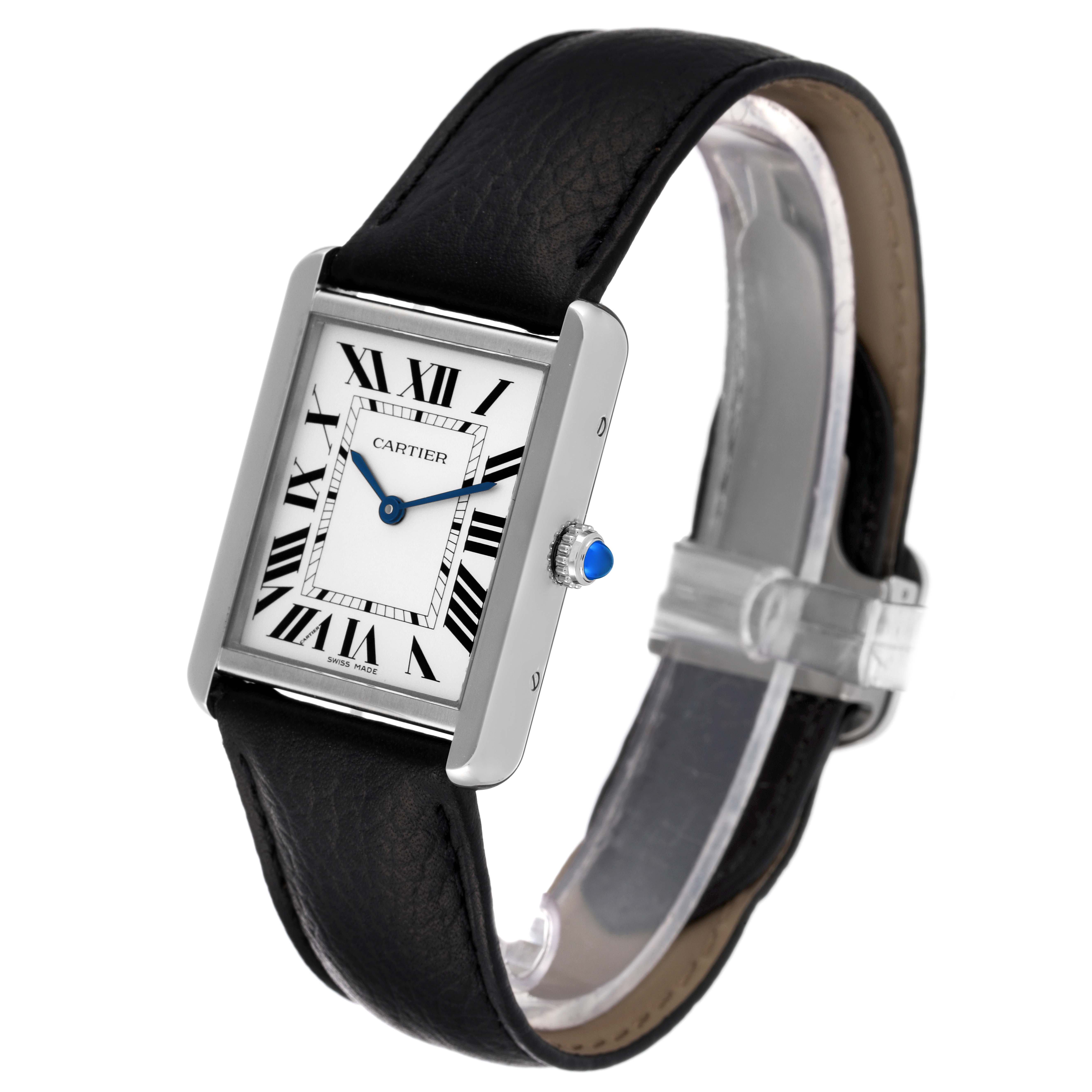 The Cartier Tank Solo WSTA0028 Men
s Stainless Steel Silver Dial WSTA0028 Men
s Stainless Steel Silver Dial watch is shown at a slight angle, highlighting its rectangular face, Roman numerals, black strap, and crown.