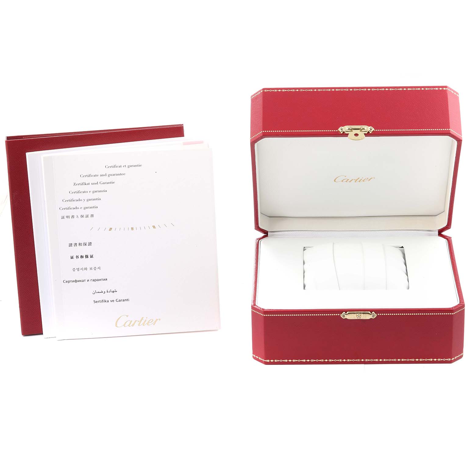 The image shows the packaging of a Cartier Tank Solo WSTA0028 Men
s Stainless Steel Silver Dial WSTA0028 Men
s Stainless Steel Silver Dial watch, including the red presentation box and accompanying documentation.