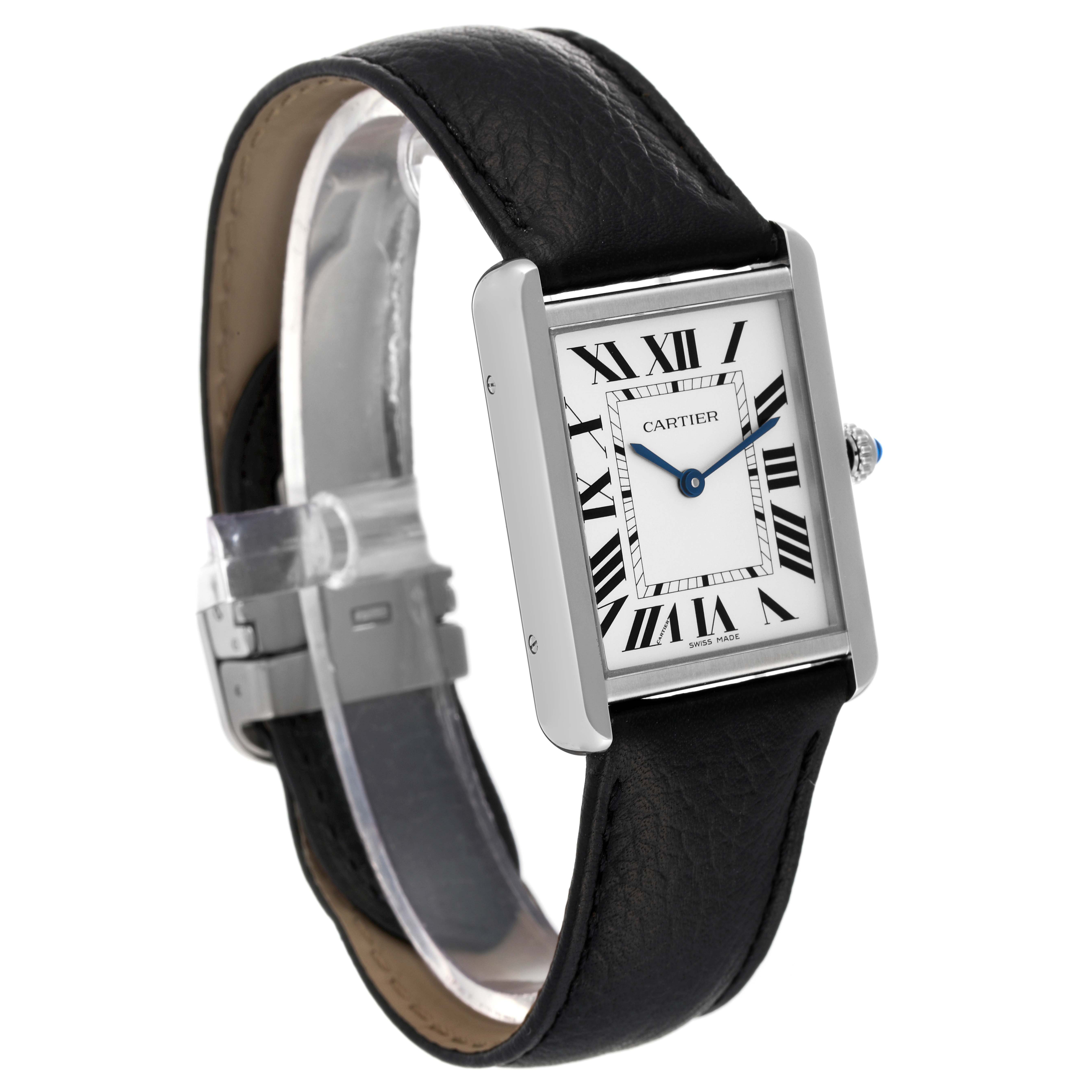 The Cartier Tank Solo WSTA0028 Men
s Stainless Steel Silver Dial WSTA0028 Men
s Stainless Steel Silver Dial watch is shown at a slight angle highlighting the watch face, crown, and leather strap.