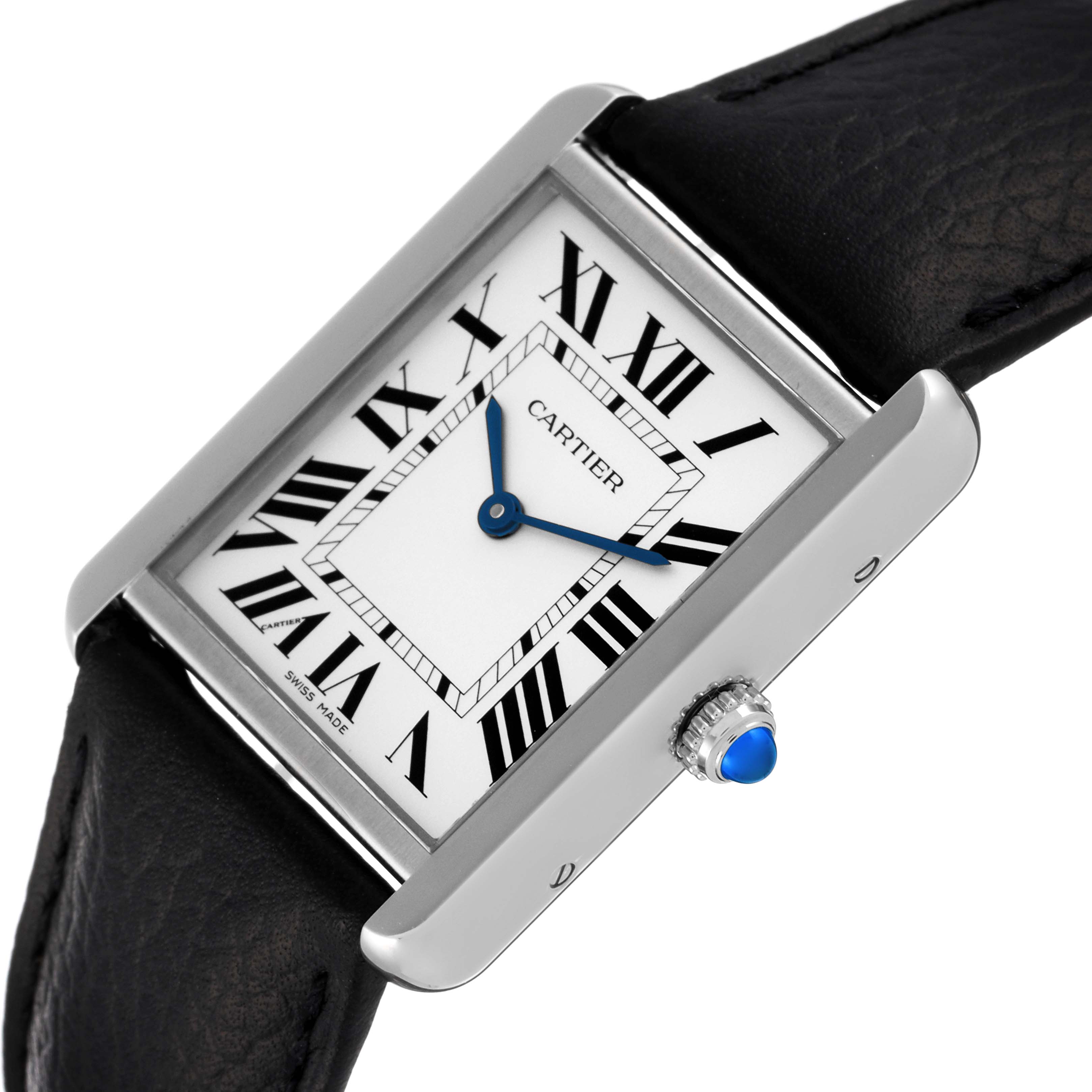 The Cartier Tank Solo WSTA0028 Men
s Stainless Steel Silver Dial WSTA0028 Men
s Stainless Steel Silver Dial watch is shown at a slight angle, displaying its face, bezel, crown, and part of the leather strap.