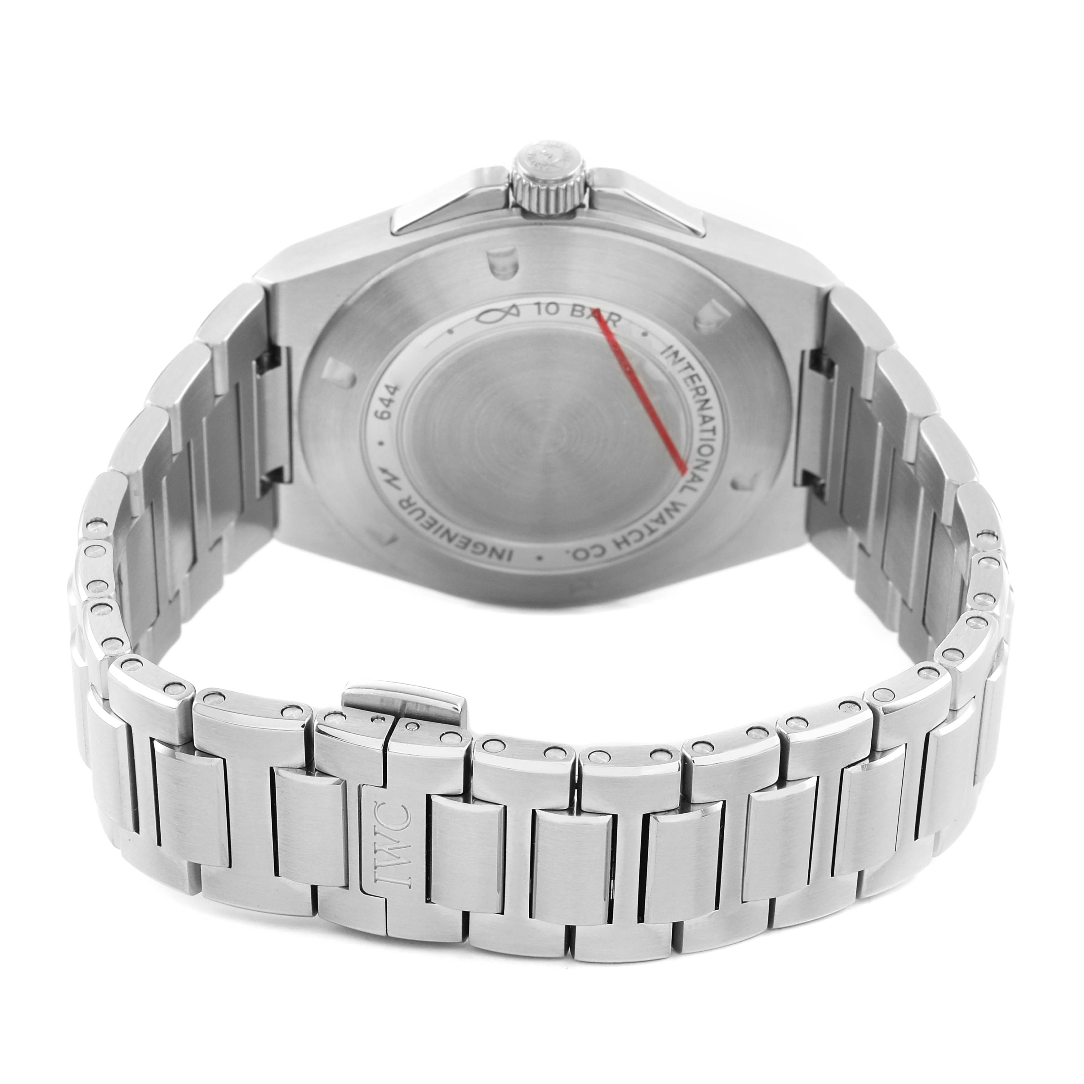 The image shows the back view of the IWC Ingenieur IW328901 Men's Stainless Steel Black Dial watch, highlighting the case back, bracelet, and clasp.