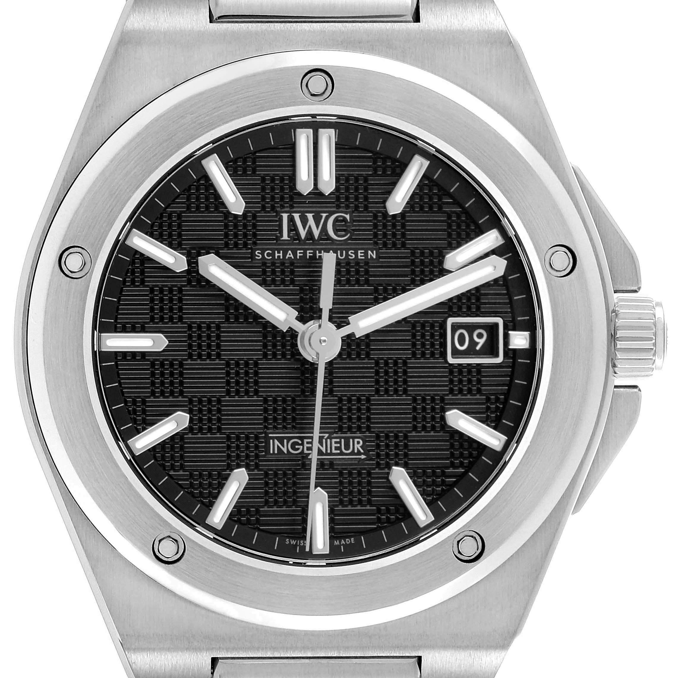 The IWC Ingenieur IW328901 Men's Stainless Steel Black Dial watch is shown front-on, highlighting the dial, bezel, and crown.