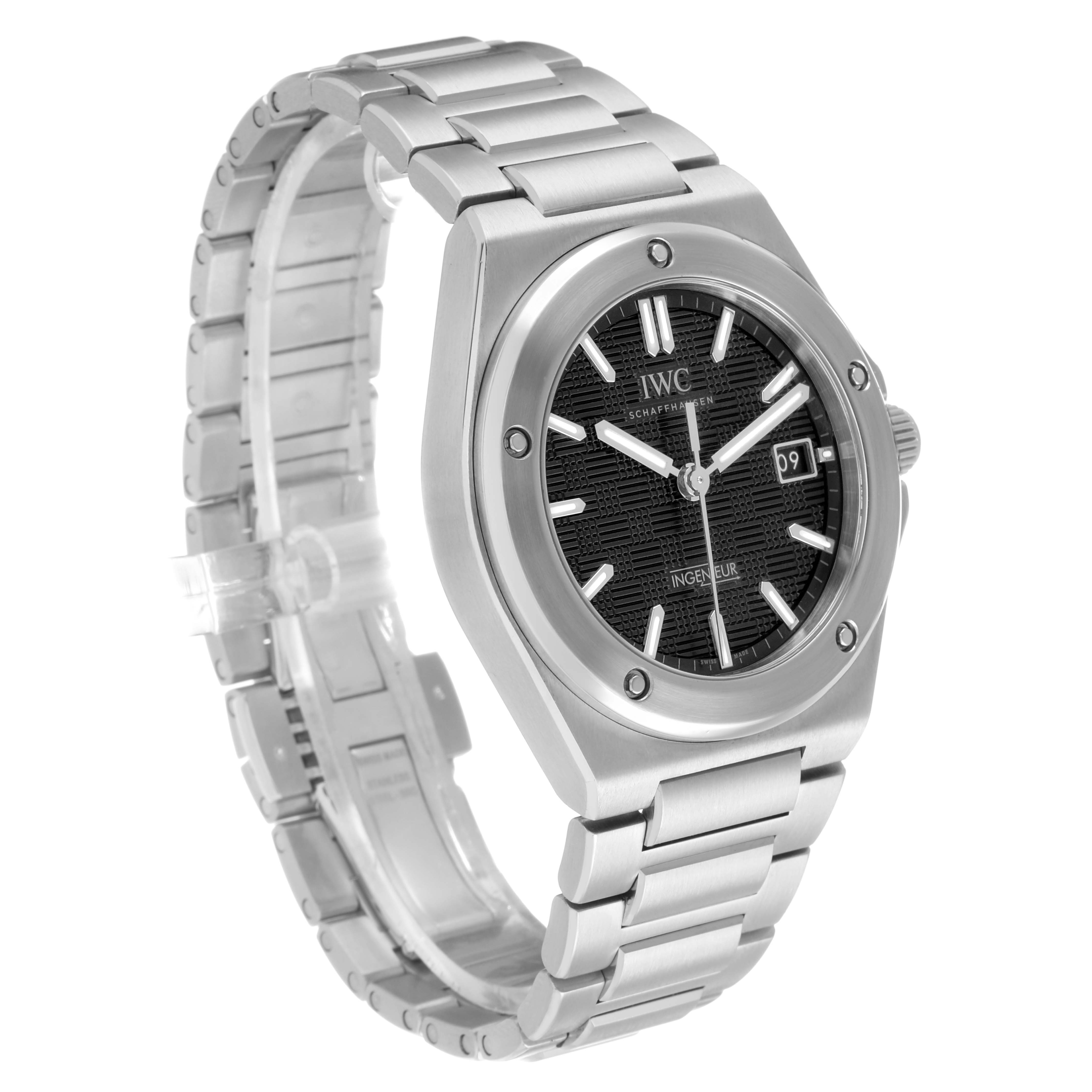 The IWC Ingenieur IW328901 Men's Stainless Steel Black Dial watch is shown at a three-quarter angle, highlighting its stainless steel bracelet, bezel, and black dial.