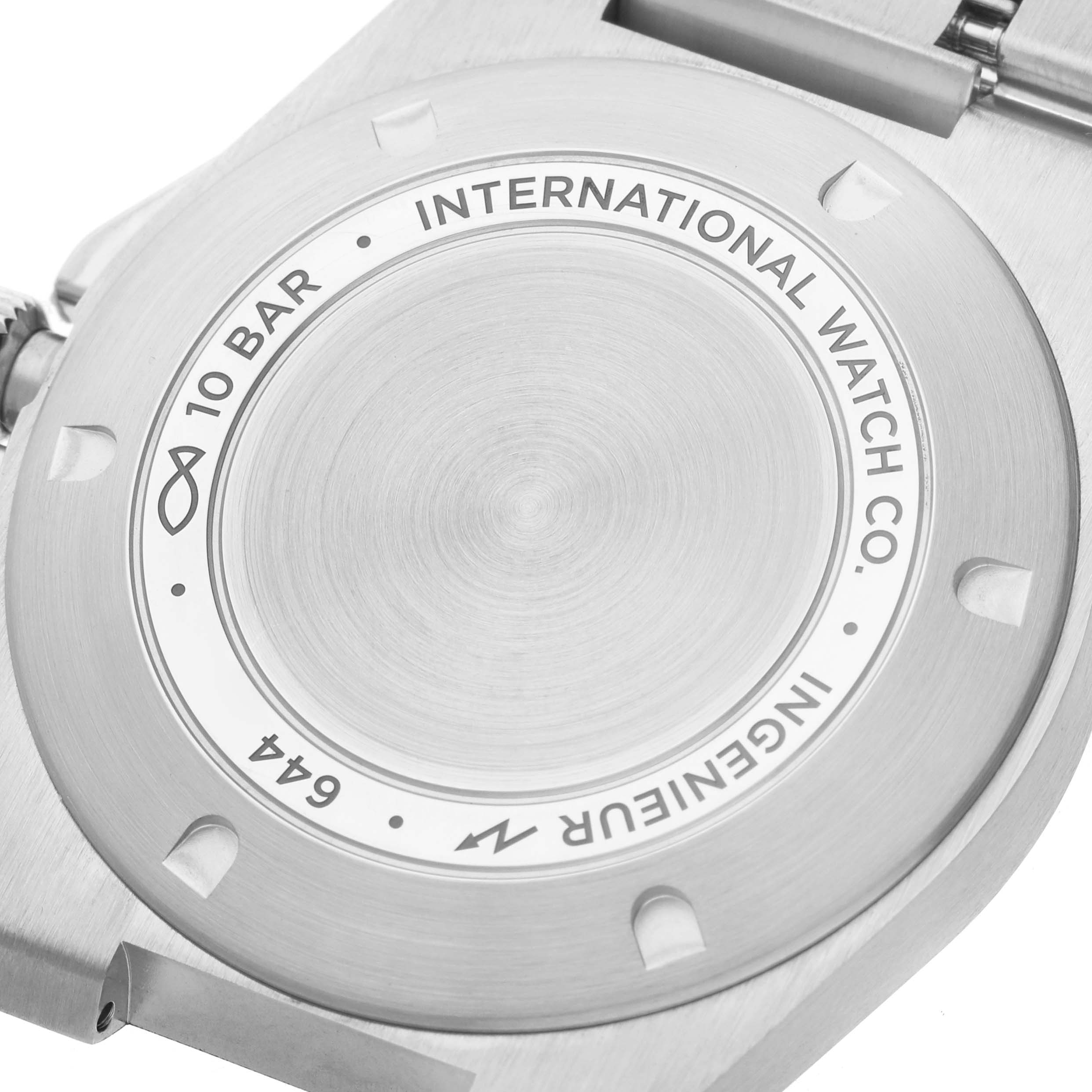 The image shows the back case of the IWC Ingenieur IW328901 Men's Stainless Steel Black Dial watch, highlighting the "10 BAR" water resistance marking.