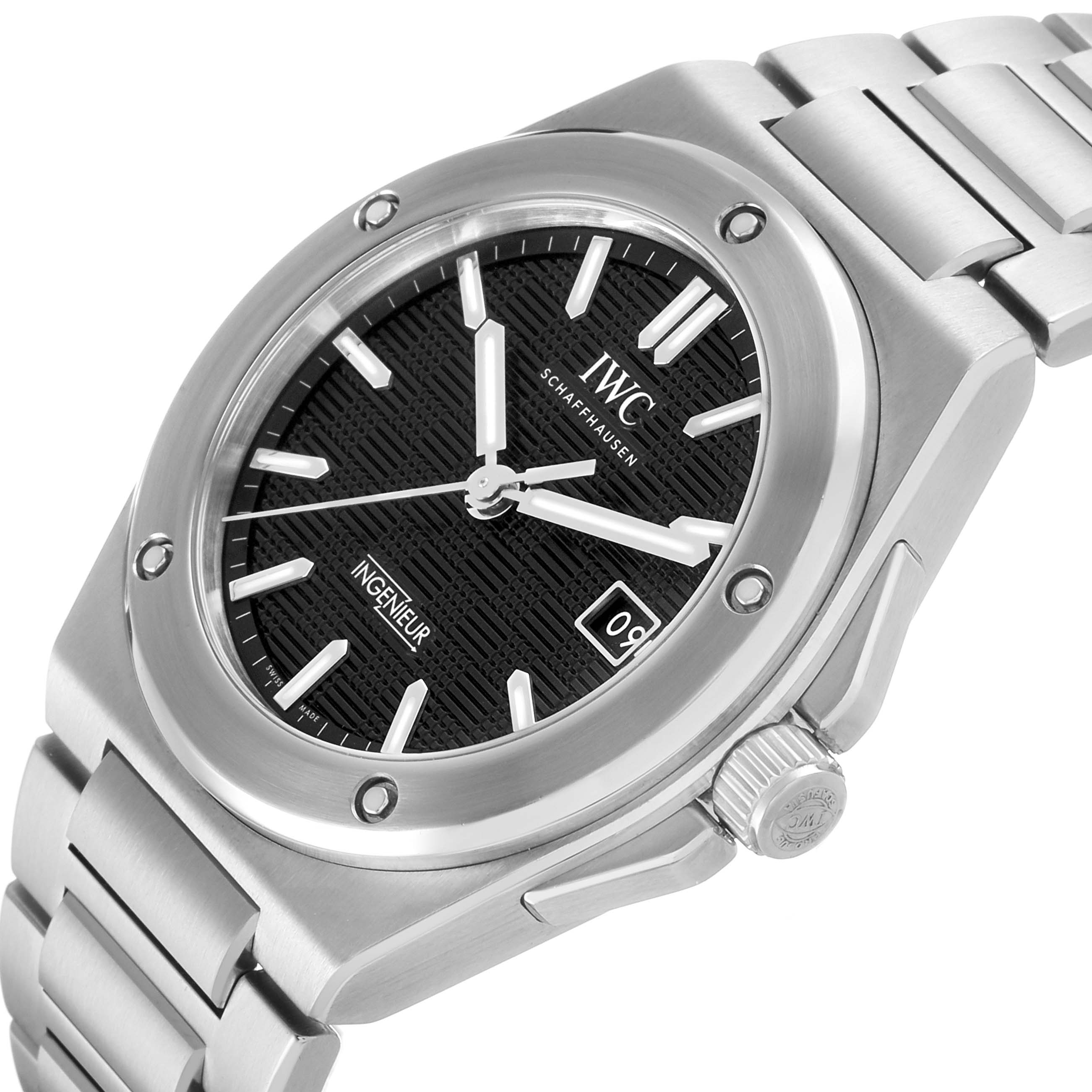 The IWC Ingenieur IW328901 Men's Stainless Steel Black Dial watch is shown at a slight angle, displaying the face, bezel, case, and part of the bracelet.