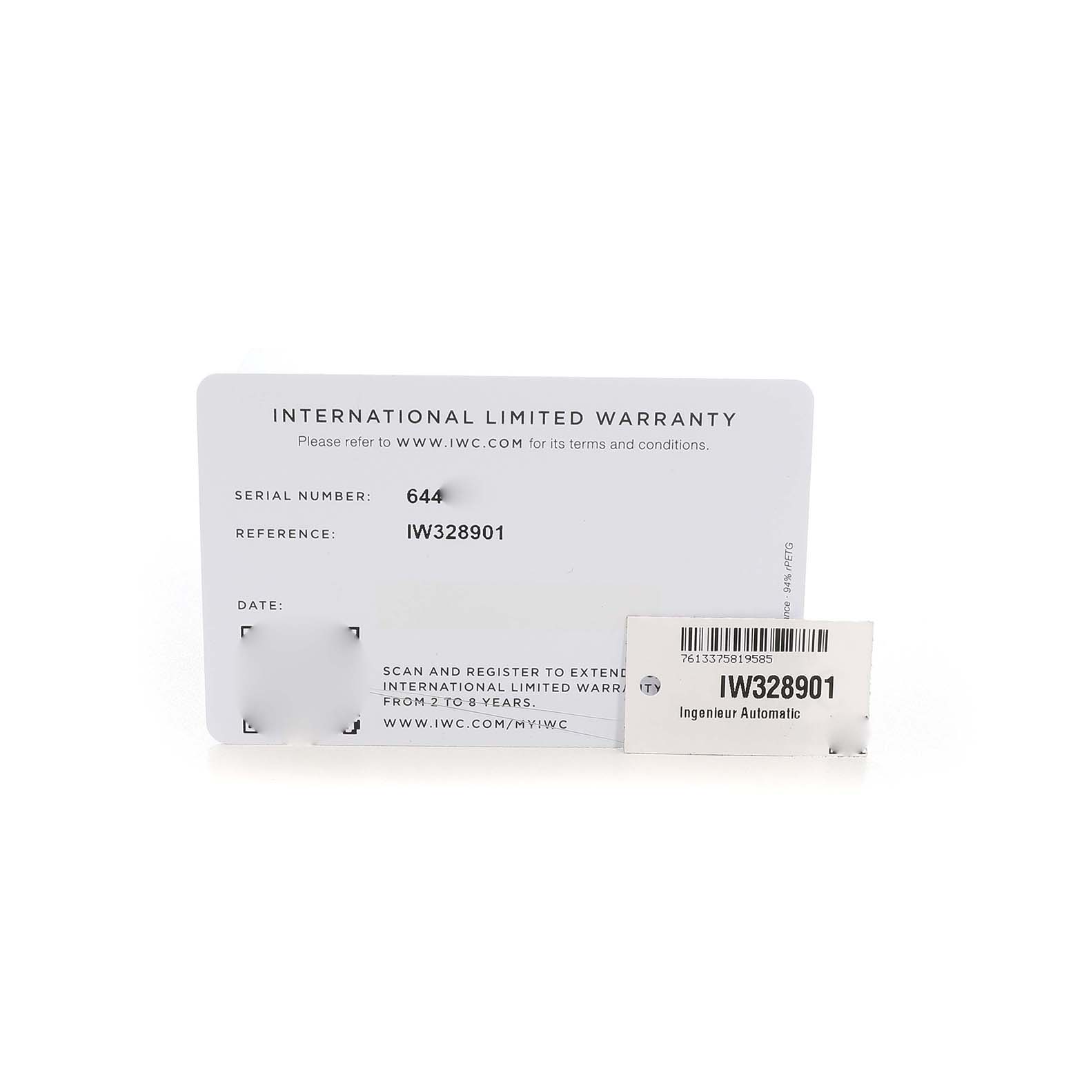 The image shows an IWC Ingenieur IW328901 Men's Stainless Steel Black Dial model warranty card and a reference tag, displaying serial and reference numbers.