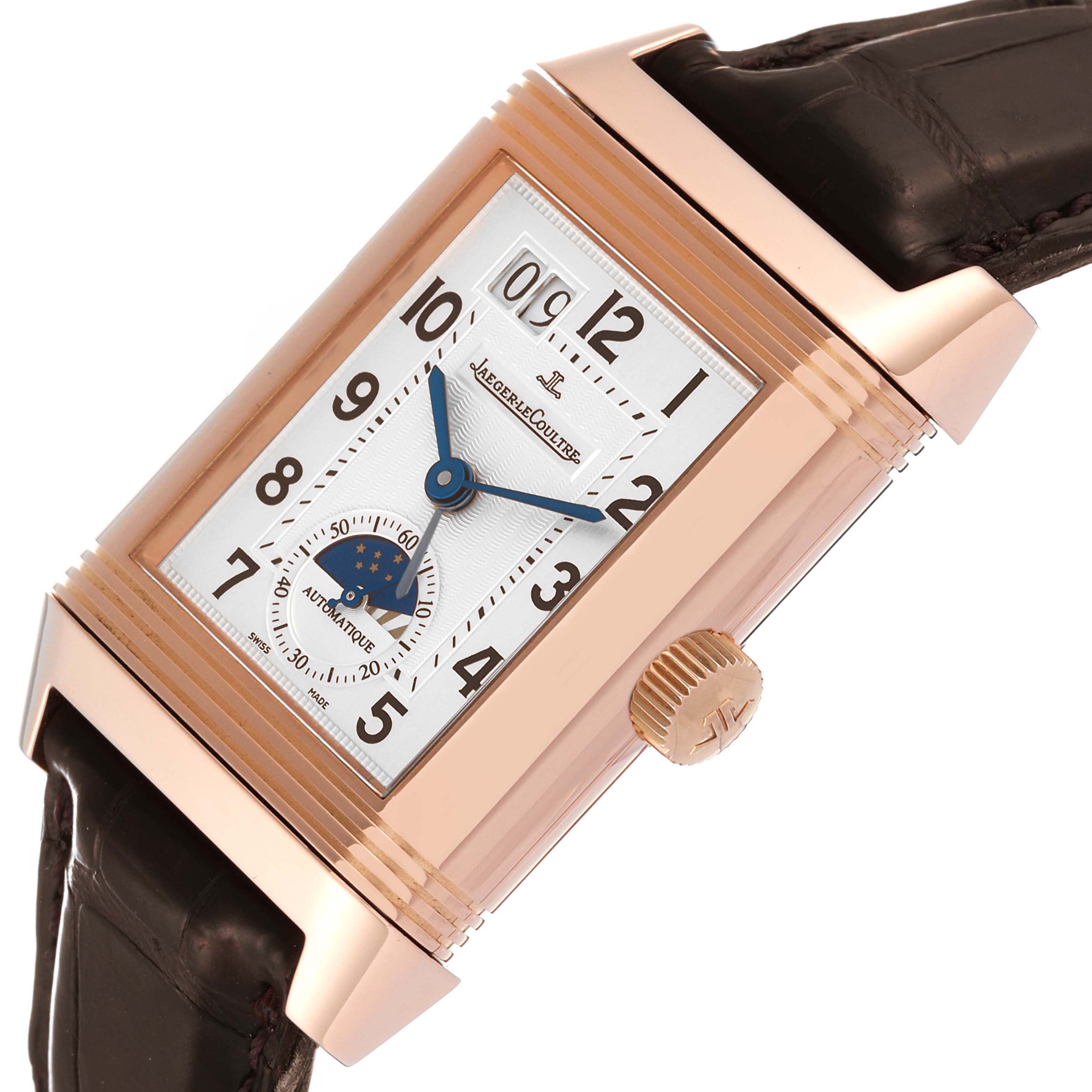 This Jaeger-LeCoultre Reverso watch is shown at a slight angle, highlighting the dial, crown, and strap connection.