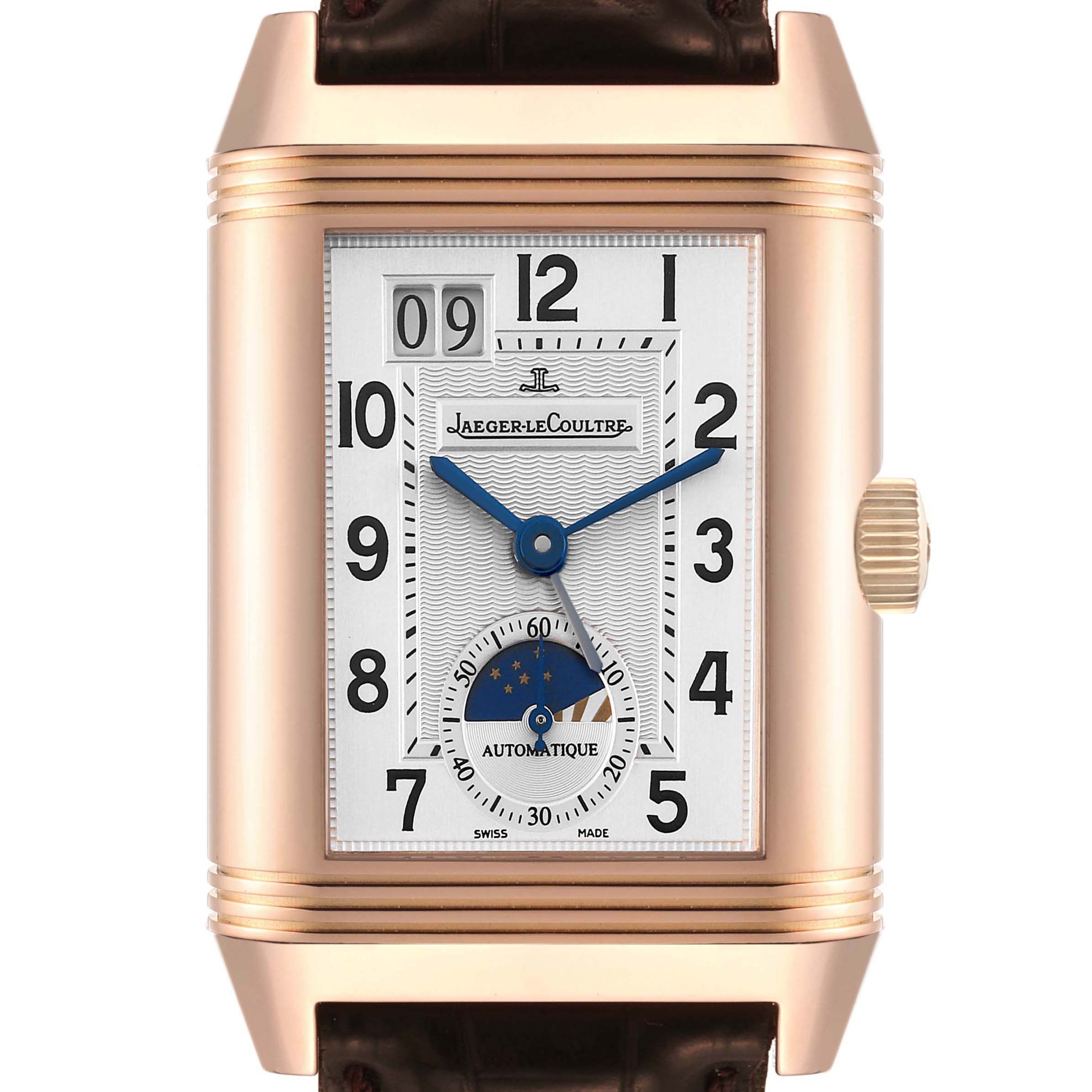 The image shows a Jaeger-LeCoultre Reverso watch from the front, highlighting the dial and crown.