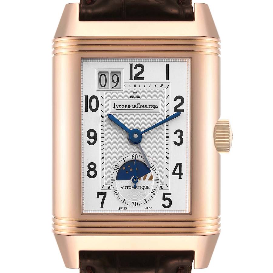 The image shows a Jaeger-LeCoultre Reverso watch from the front, highlighting the dial and crown.