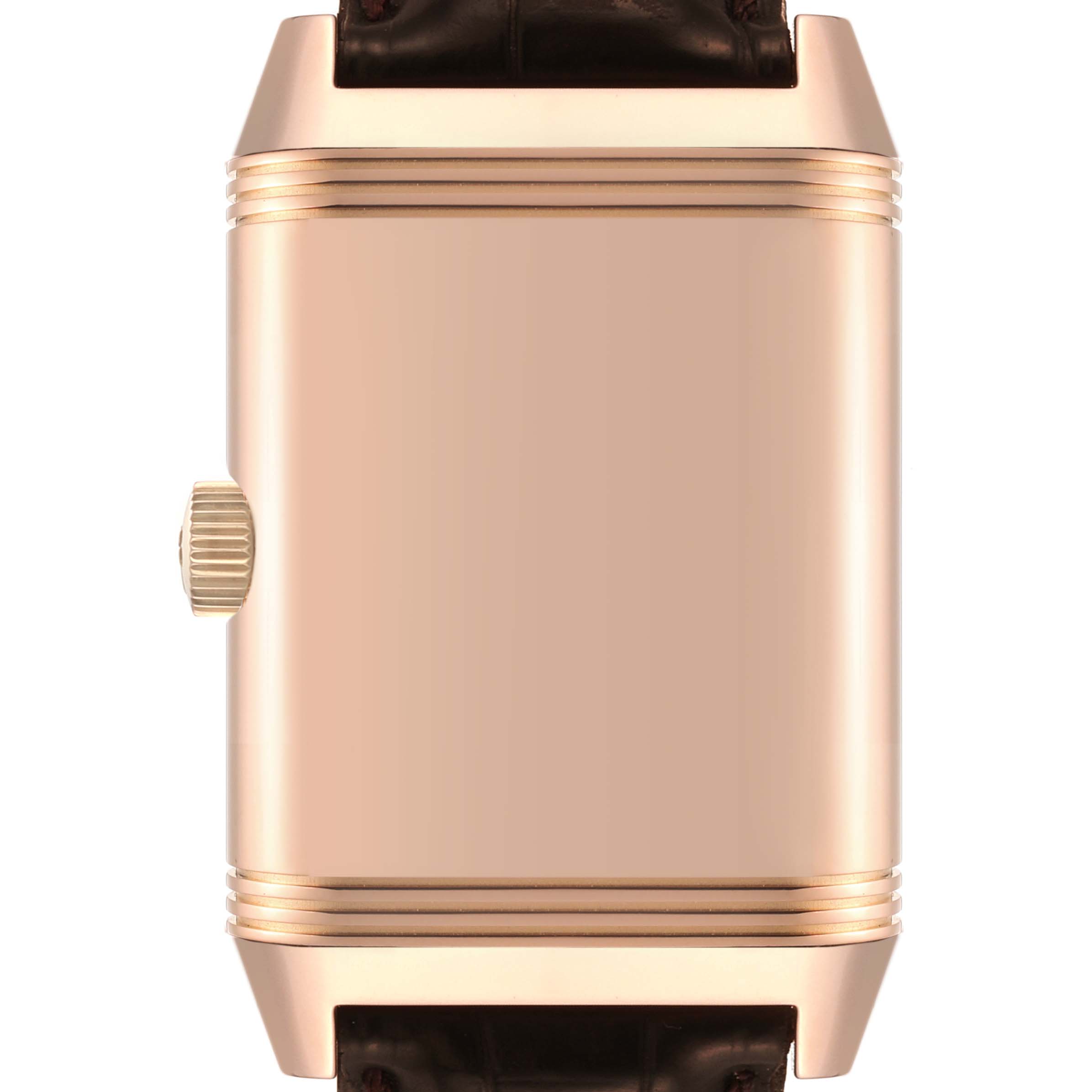 This image shows a front view of a Jaeger LeCoultre Reverso Q3032420 Men
s Rose Gold Silver Dial Q3032420 Men
s Rose Gold Silver Dial watch, highlighting its case and crown, with the strap end partially visible.