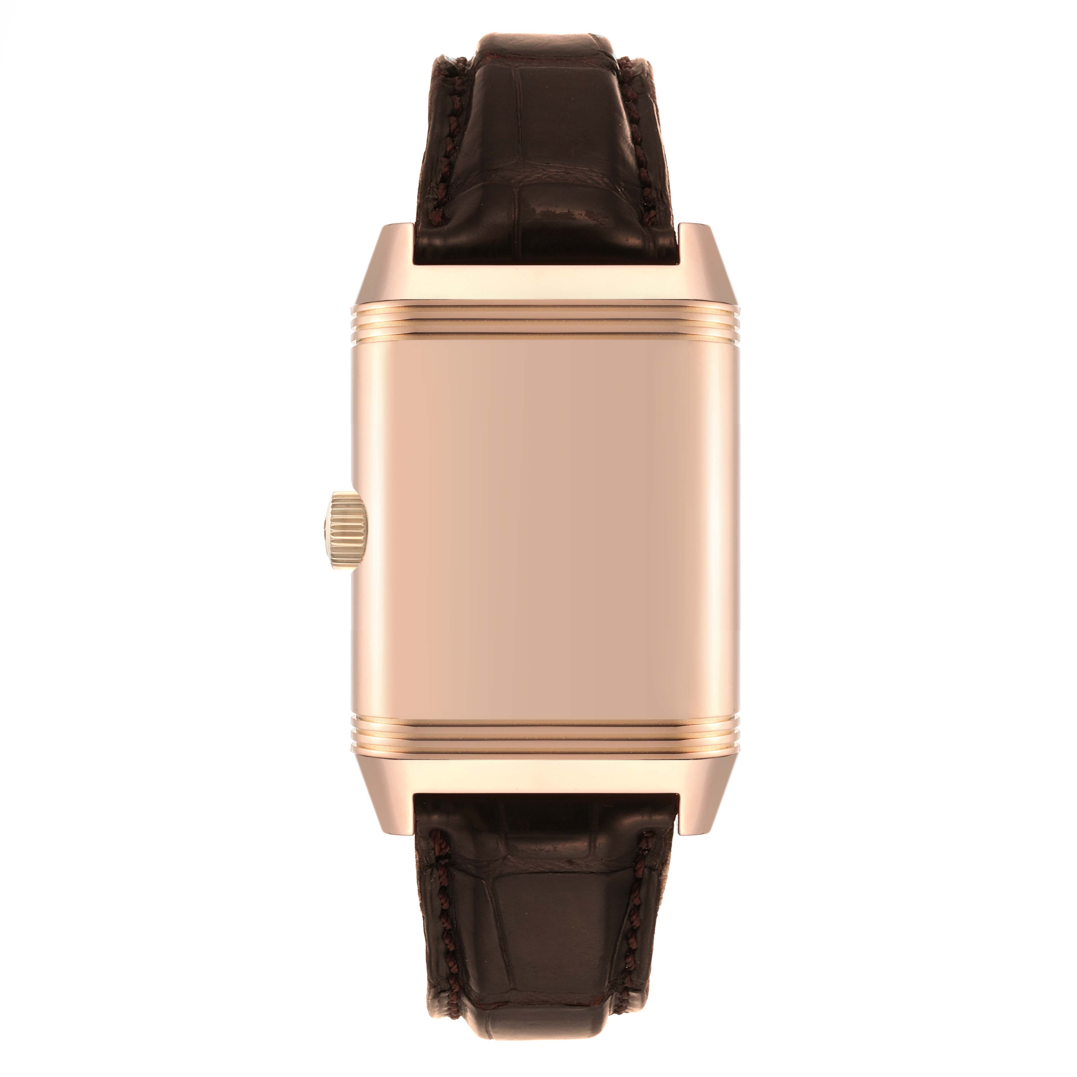 This image shows a front view of the Jaeger LeCoultre Reverso Q3032420 Men
s Rose Gold Silver Dial Q3032420 Men
s Rose Gold Silver Dial watch with its rectangular case and leather strap.