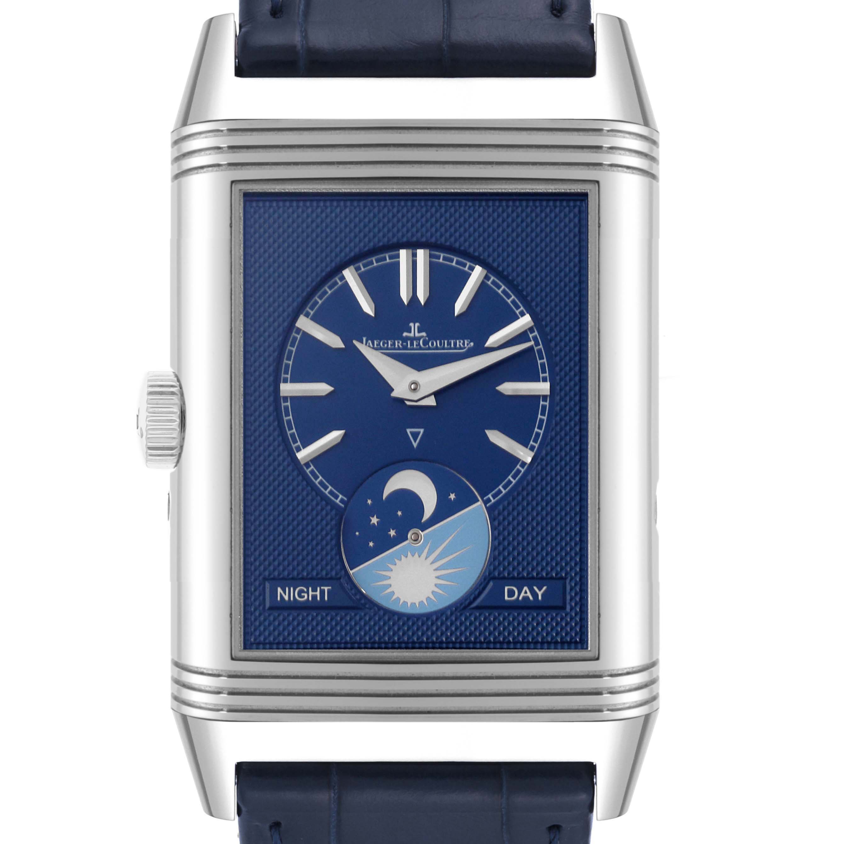 This image shows a front view of a Jaeger-LeCoultre Reverso watch, displaying its blue dial, day-night indicator, and silver casing.