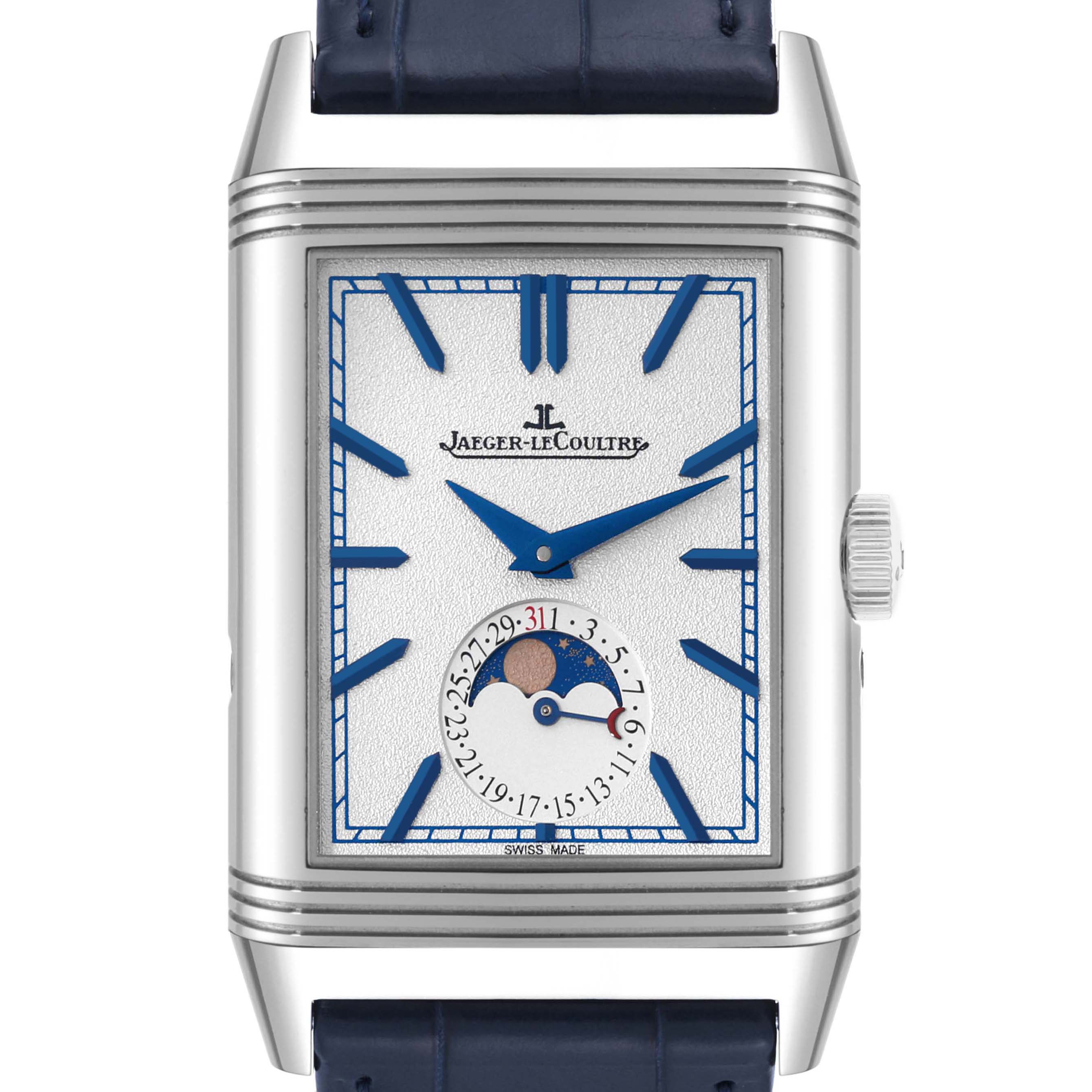 The image shows a front view of a Jaeger LeCoultre Reverso Q3958420 Men's Stainless Steel Silver Dial Q3958420 Men's Stainless Steel Silver Dial watch, highlighting its rectangular dial, blue hands and markers, and moon phase indicator.