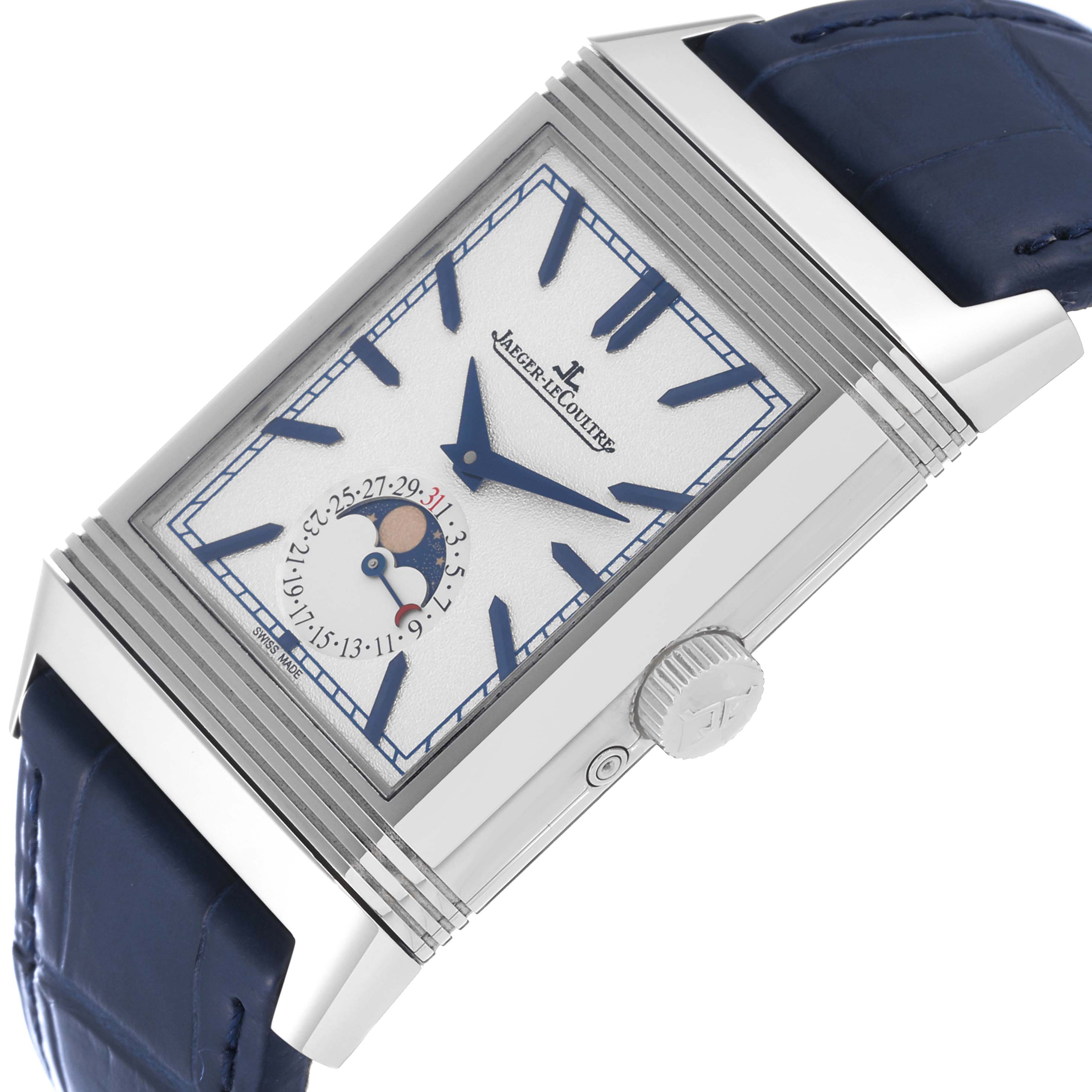 This image shows a close-up angled view of a Jaeger-LeCoultre Reverso watch, displaying the dial, hands, crown, and part of the strap.