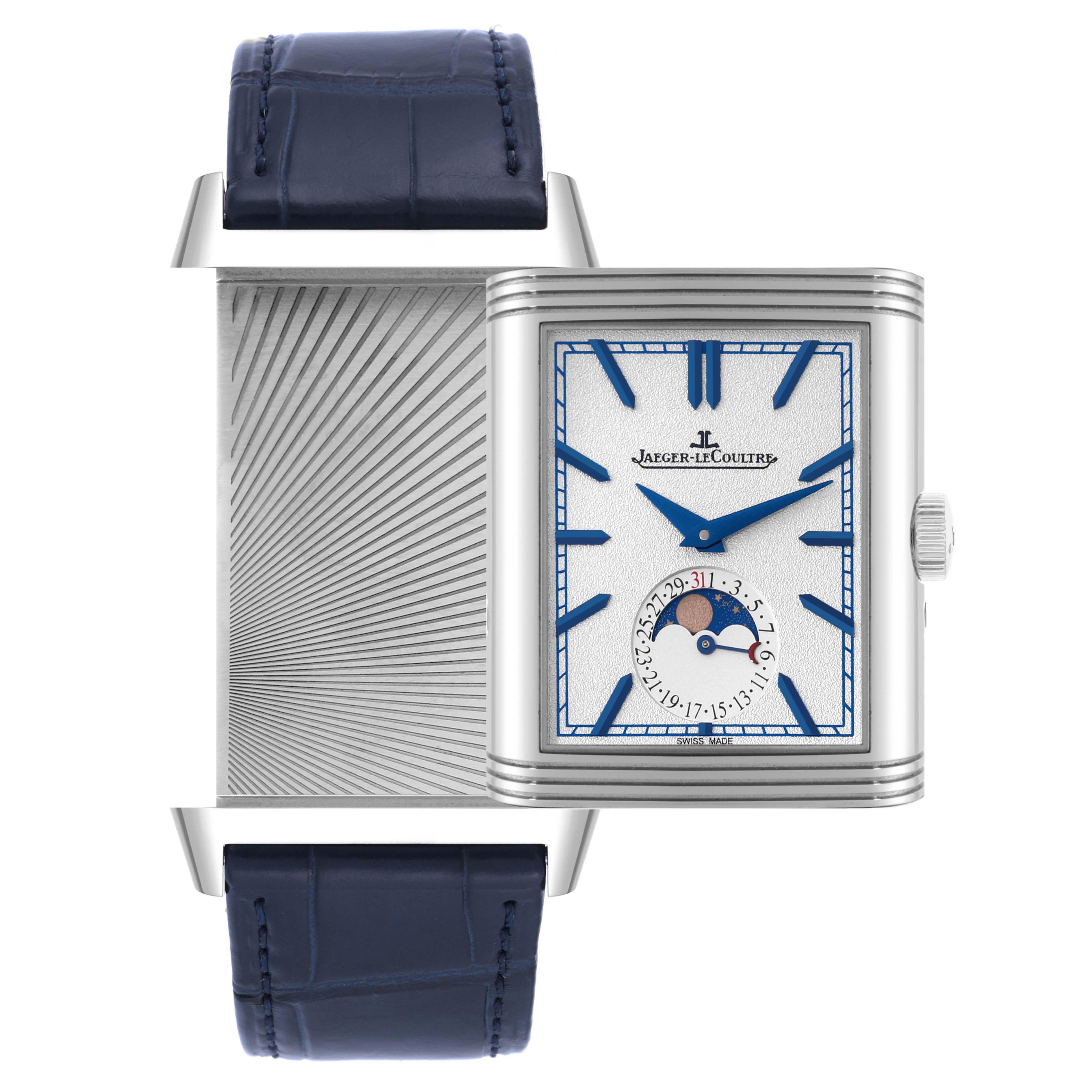 The image shows a Jaeger-LeCoultre Reverso watch with a partially rotated case revealing the back engraving and dial details.