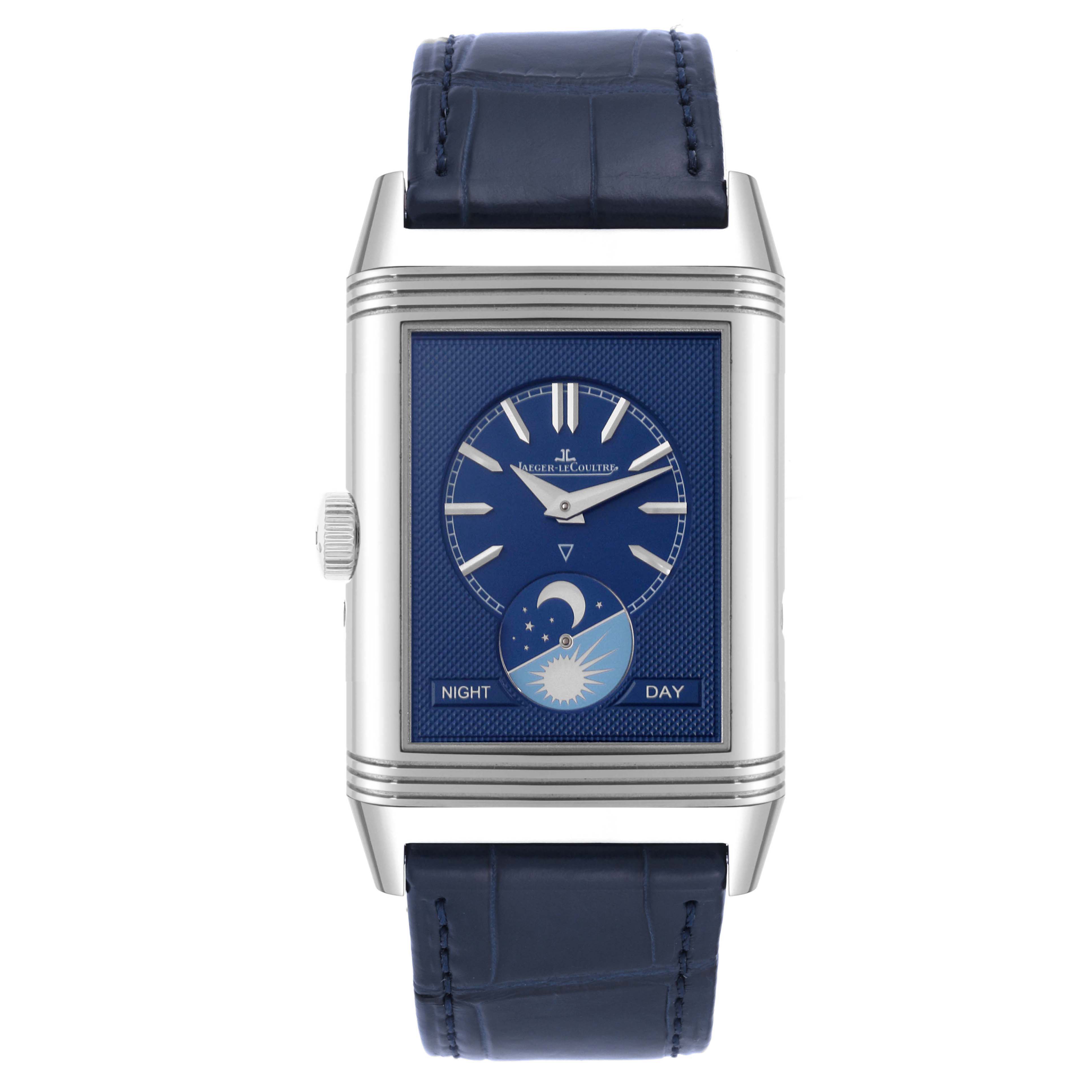 The image shows a front view of the Jaeger LeCoultre Reverso Q3958420 Men's Stainless Steel Silver Dial Q3958420 Men's Stainless Steel Silver Dial watch, displaying the dial and blue leather strap.