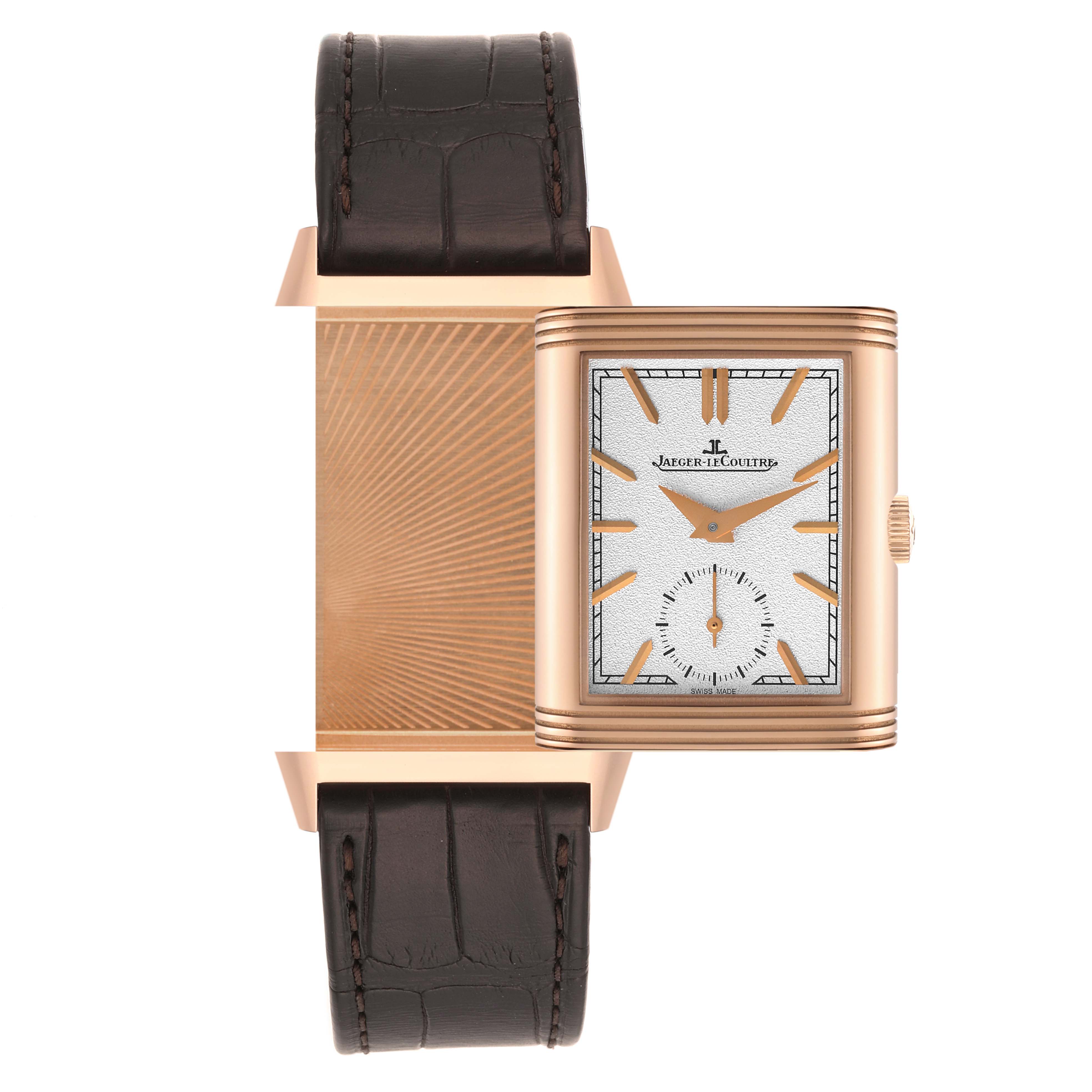 The image shows the Jaeger LeCoultre Reverso Q3902420 Men's Rose Gold Silver Dial Q3902420 Men's Rose Gold Silver Dial watch with its case halfway flipped, revealing both the face and the engraved back.